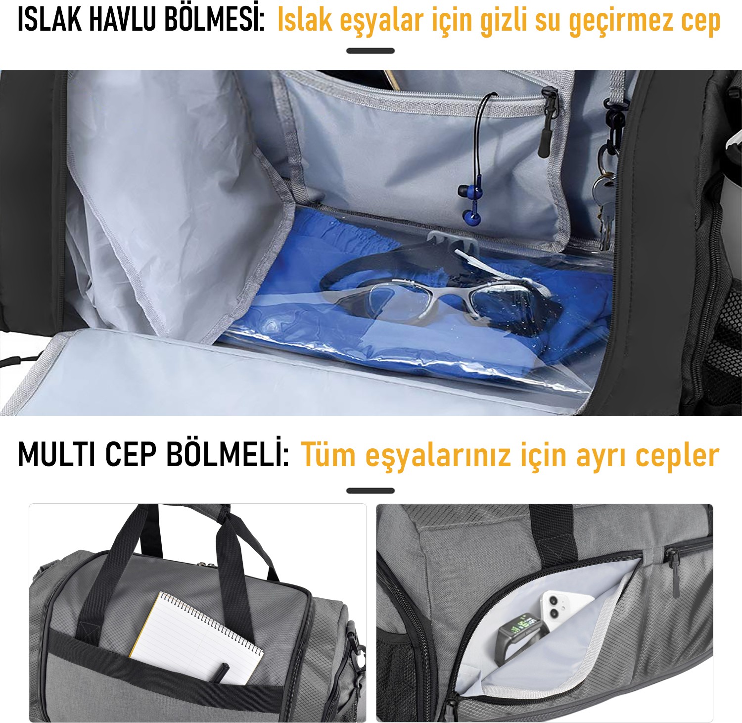 Haegs Spor Çantası, 10 Cepli, Ayakkabı Bölmeli, Dayanıklı Bay Bayan Seyahat Çantası Siyah görsel 5