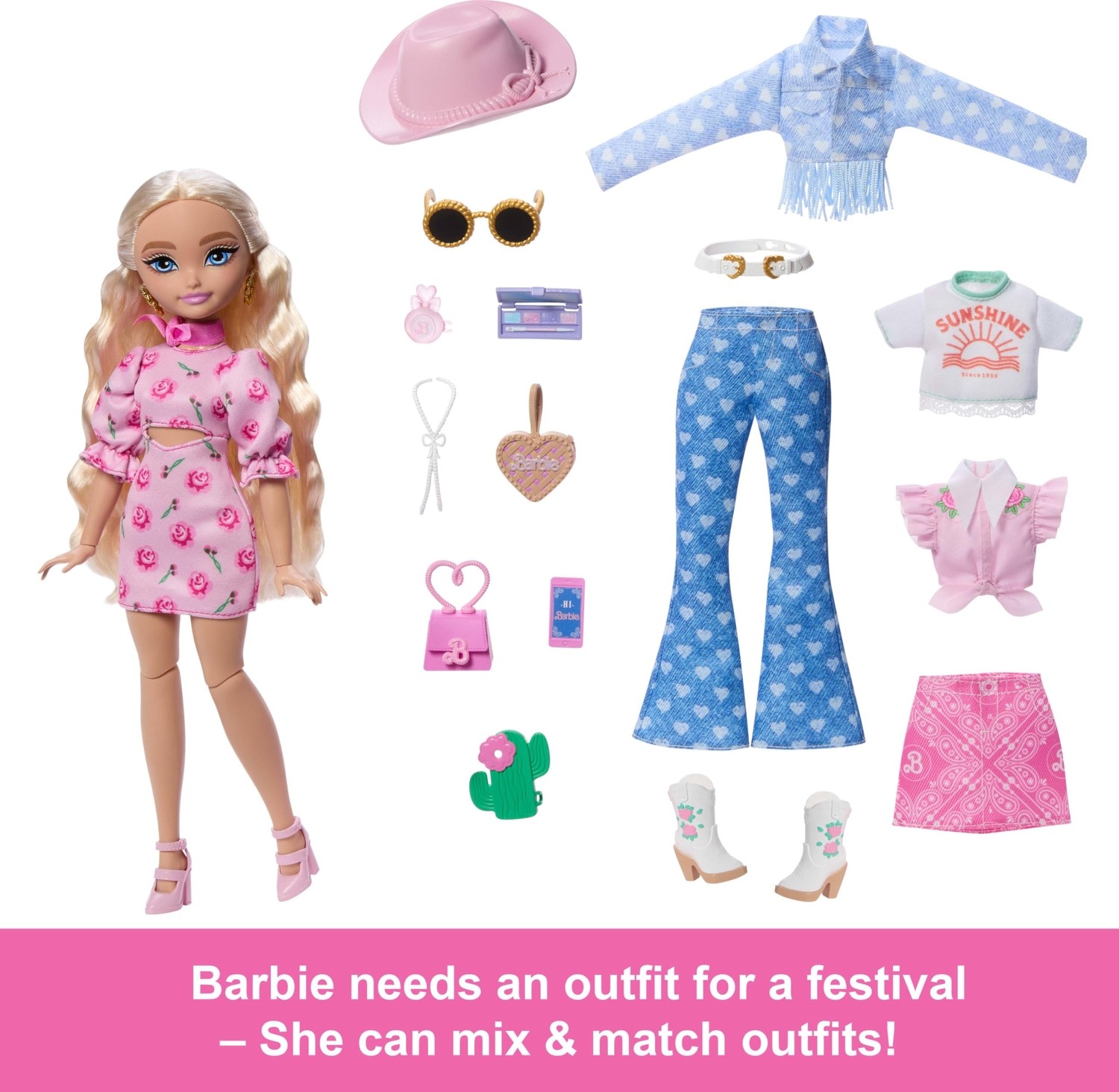Esranın Dünyası Barbie Dream Besties Festival Kombinleri Seti, Şekillendirilmiş Uzun Sarı Saçlarıyla Barbie 'malibu' Bebek, 10'dan Fazla Çıkarılabilir Kıyafet ve Aksesuar, JGH87 görsel 3