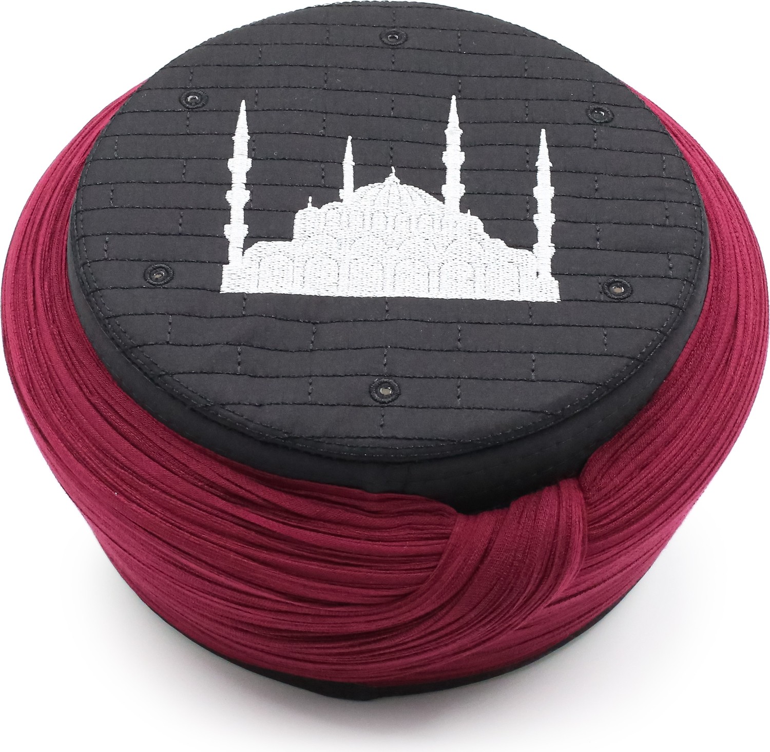 Sarıkhane Cami Sarığı, Bordo Kumaş, Siyah Takke, Düz Sarım, Cami Nakışlı, 5 Metre