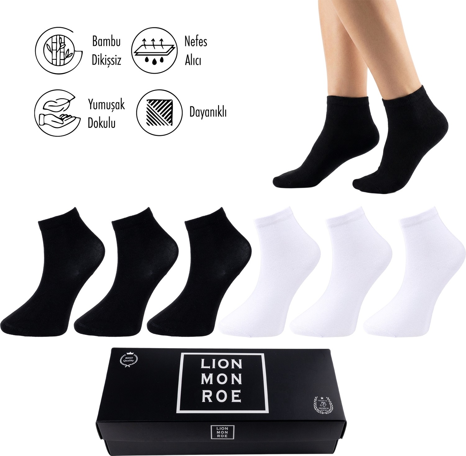 Lion Monroe Saf Bambu Erkek Yarım Konç Düz Siyah - Gri Melanj - Antrasit Çorap Dikişsiz Premium Kutulu 6'lı Prime Bamboo Serisi S3904AZNS görsel 5