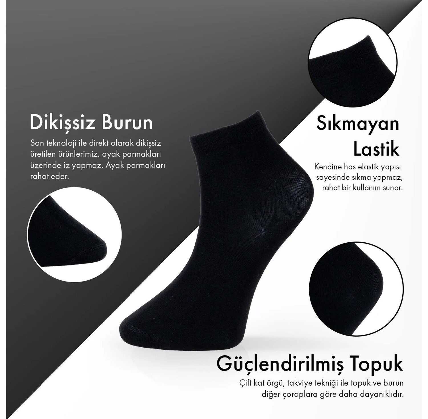 Lion Monroe Saf Bambu Erkek Yarım Konç Düz Siyah - Gri Melanj - Antrasit Çorap Dikişsiz Premium Kutulu 6'lı Prime Bamboo Serisi S3904AZNS görsel 7