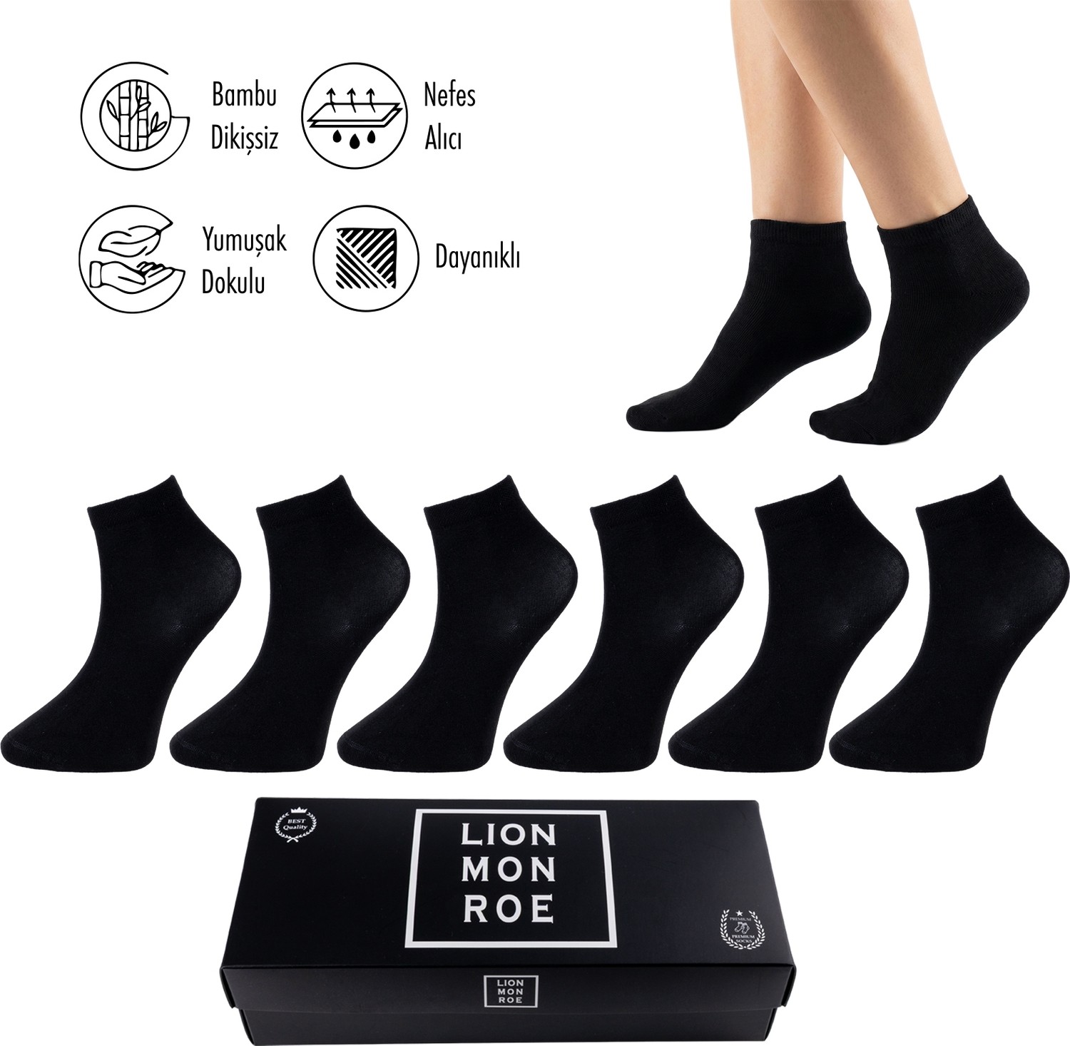 Lion Monroe Saf Bambu Yazlık Erkek Yarım Konç Düz Kısa Siyah Çorap Dikişsiz Premium Hediye Kutulu 6'lı Softaura Series L5952AZNP