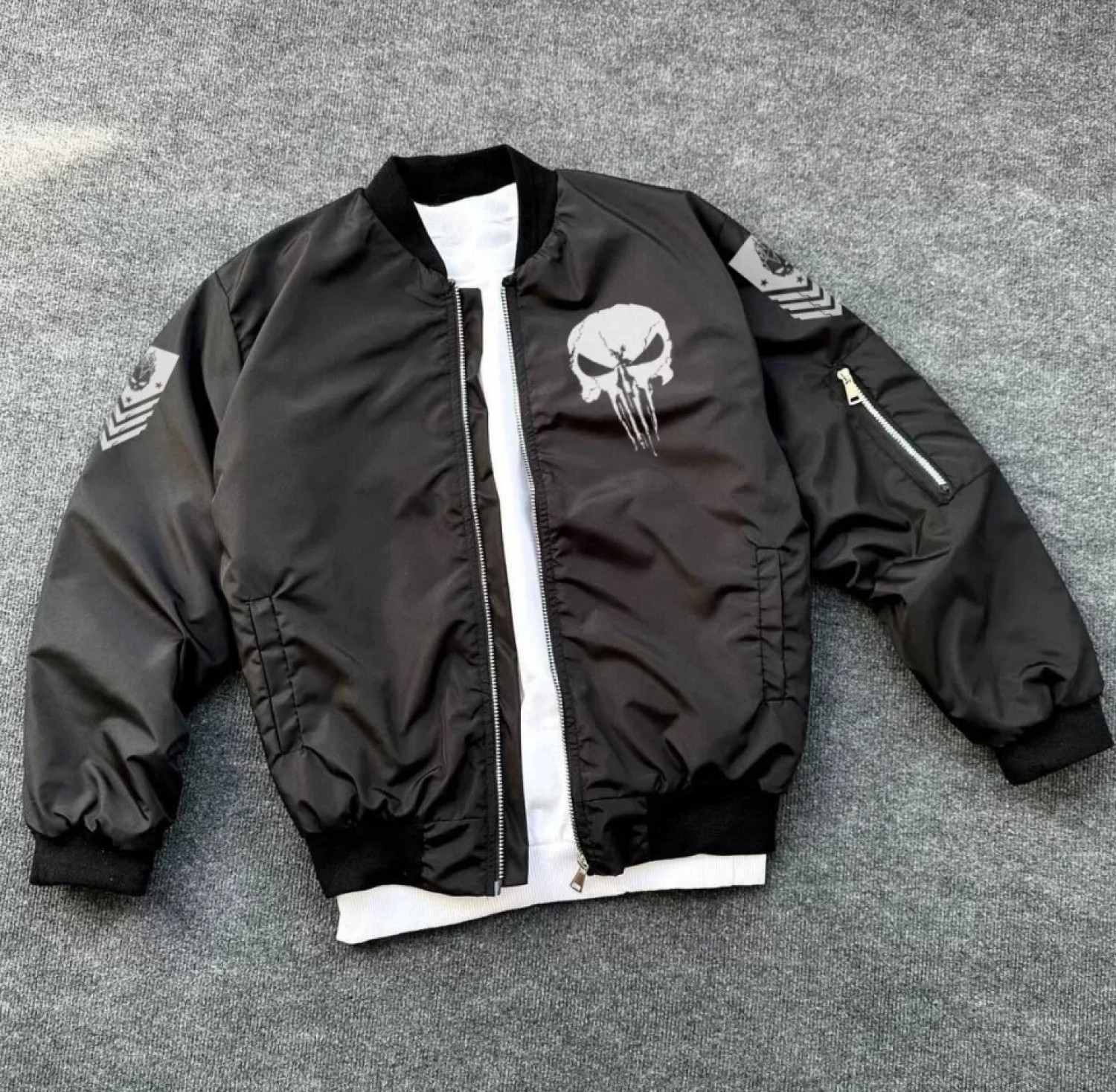 Marsilyan - Unisex Uzun Kol Kuru Kafa Baskılı Bomber Ceket - Siyah