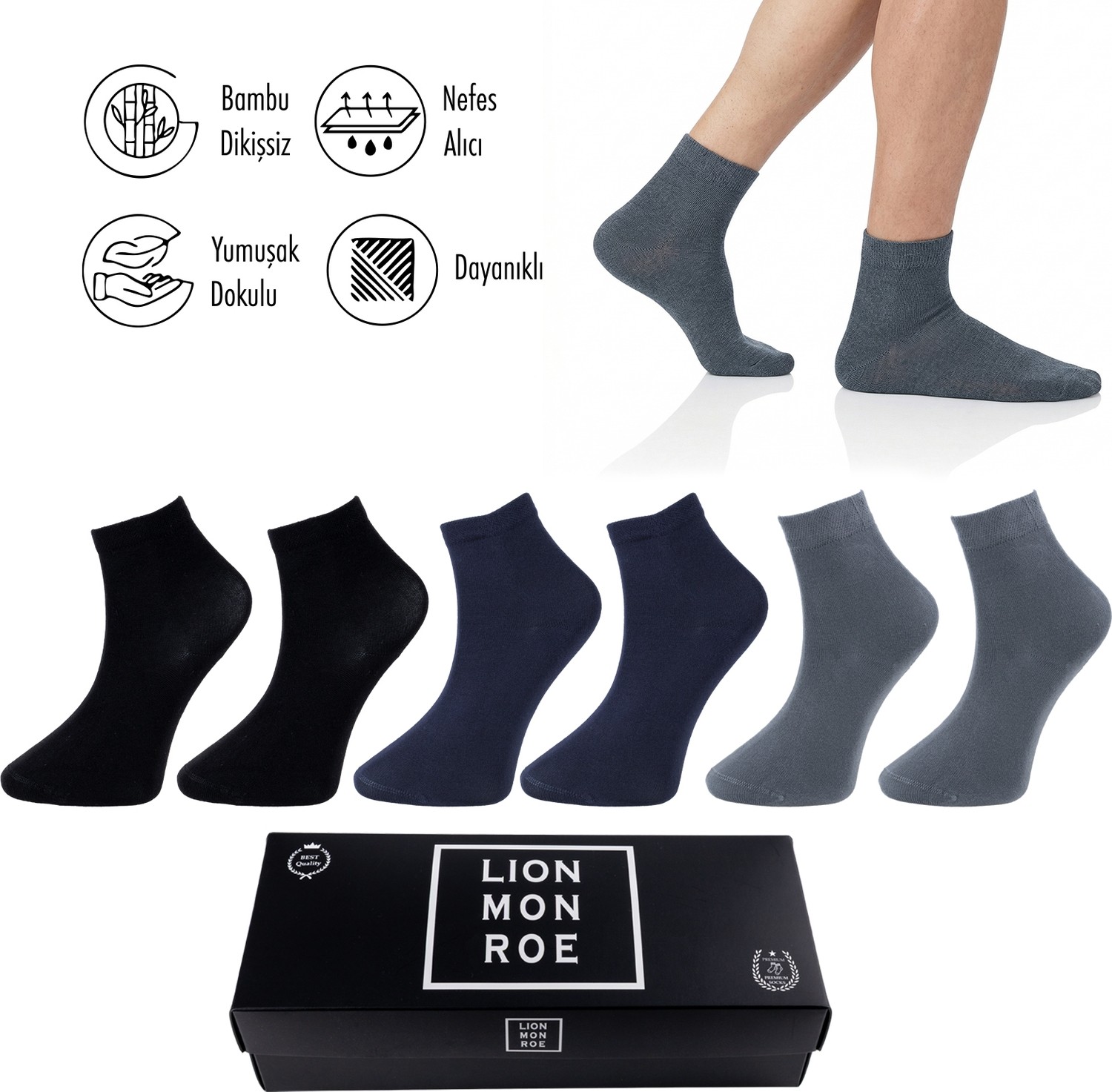 Lion Monroe Saf Bambu Yazlık Erkek Yarım Konç Düz Kısa Siyah Çorap Dikişsiz Premium Hediye Kutulu 6'lı Softaura Series L5952AZNP görsel 5