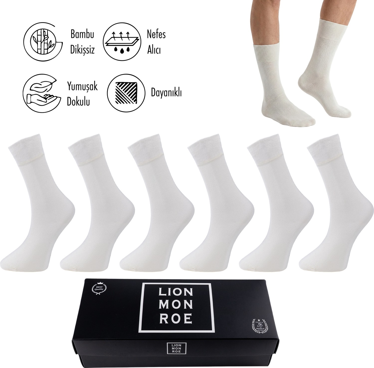 Lion Monroe Saf Bambu 4 Mevsim Erkek Soket Uzun Düz Siyah Çorap Dikişsiz Premium Hediye Kutulu 6'lı Prime Bamboo Serisi L5952AZNB görsel 5