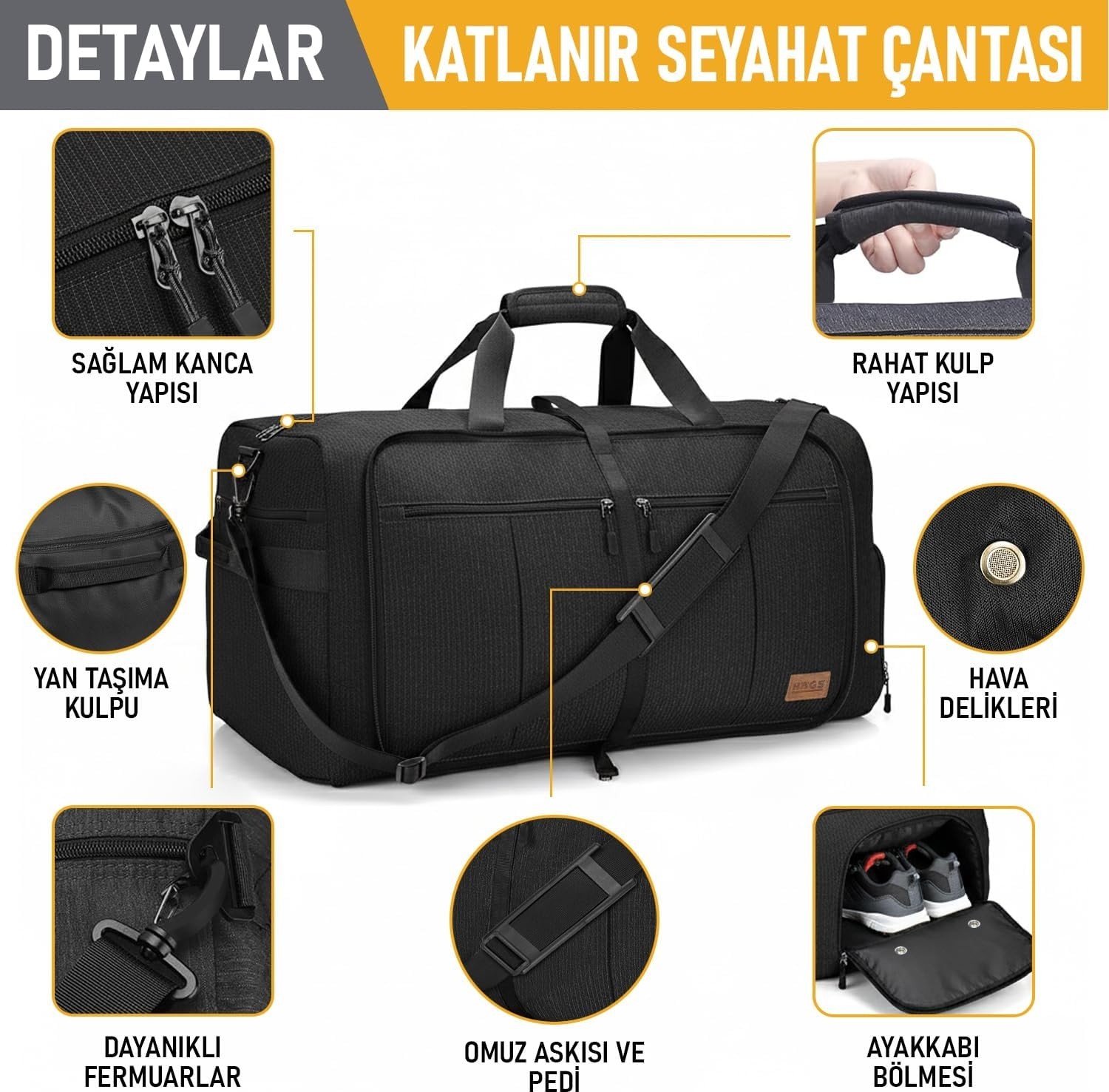 Happy Trend Katlanabilir Seyahat Çantası, Bavul Valiz Büyük Boy El Bagajı Çantası Erkek ve Kadın Için, Ayakkabı Bölmeli Hafta Sonu Geceleme, Seyahat, Kamp Için Katlanır Çanta 100L - Haki görsel 3