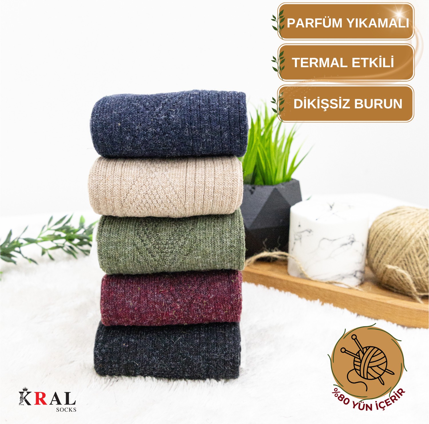 Kral Socks Çorap (5 Çift) Kışlık Yün Çorap Lambswool (Özel Kuzu Yünlü) Kadınlar Için Termal Özellikli görsel 3