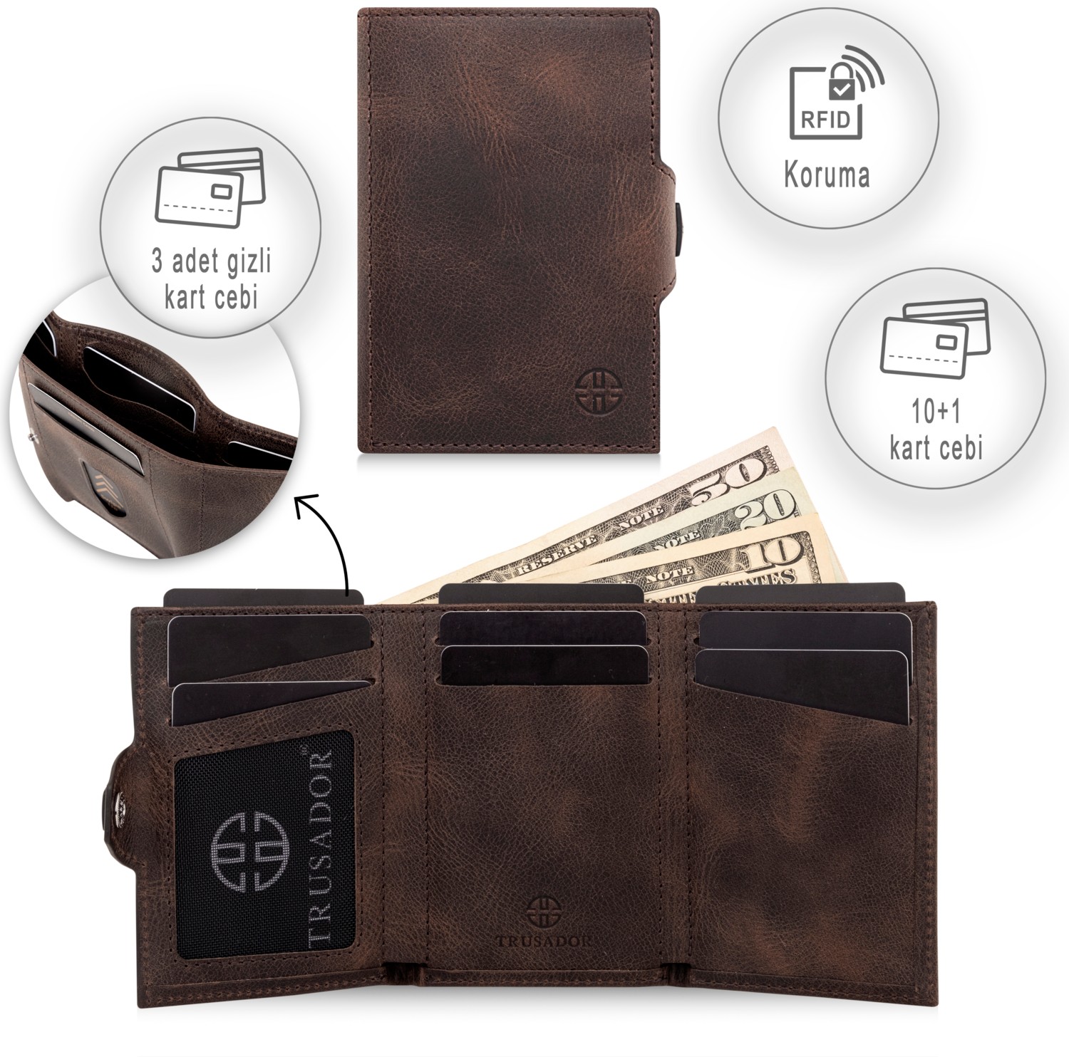 Trusador Toscana Carbon Kartlık Deri Cüzdan Unisex Rfid Korumalı Erkek Kadın Mini Hediye