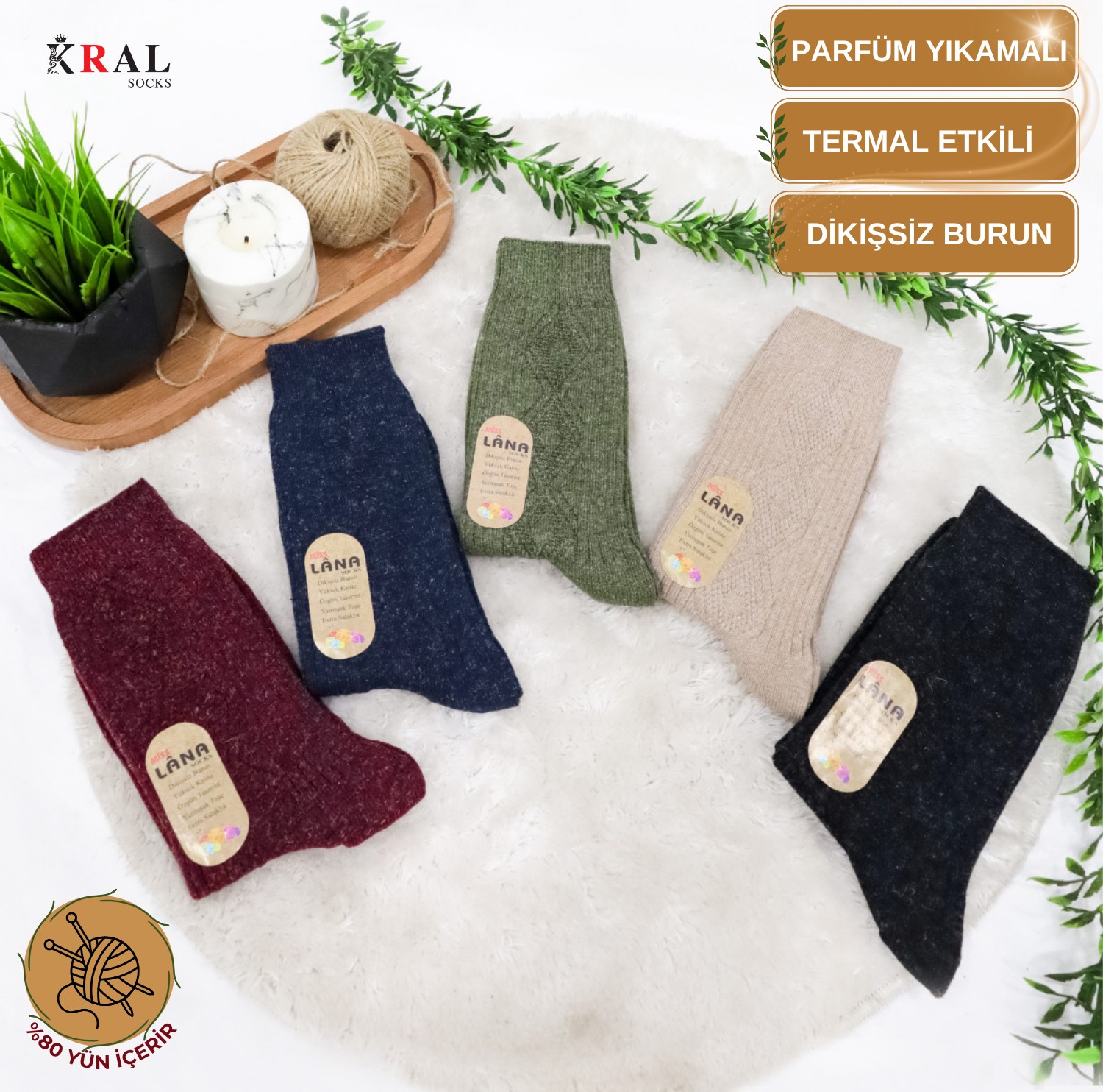 Kral Socks Çorap (5 Çift) Kışlık Yün Çorap Lambswool (Özel Kuzu Yünlü) Kadınlar Için Termal Özellikli görsel 5