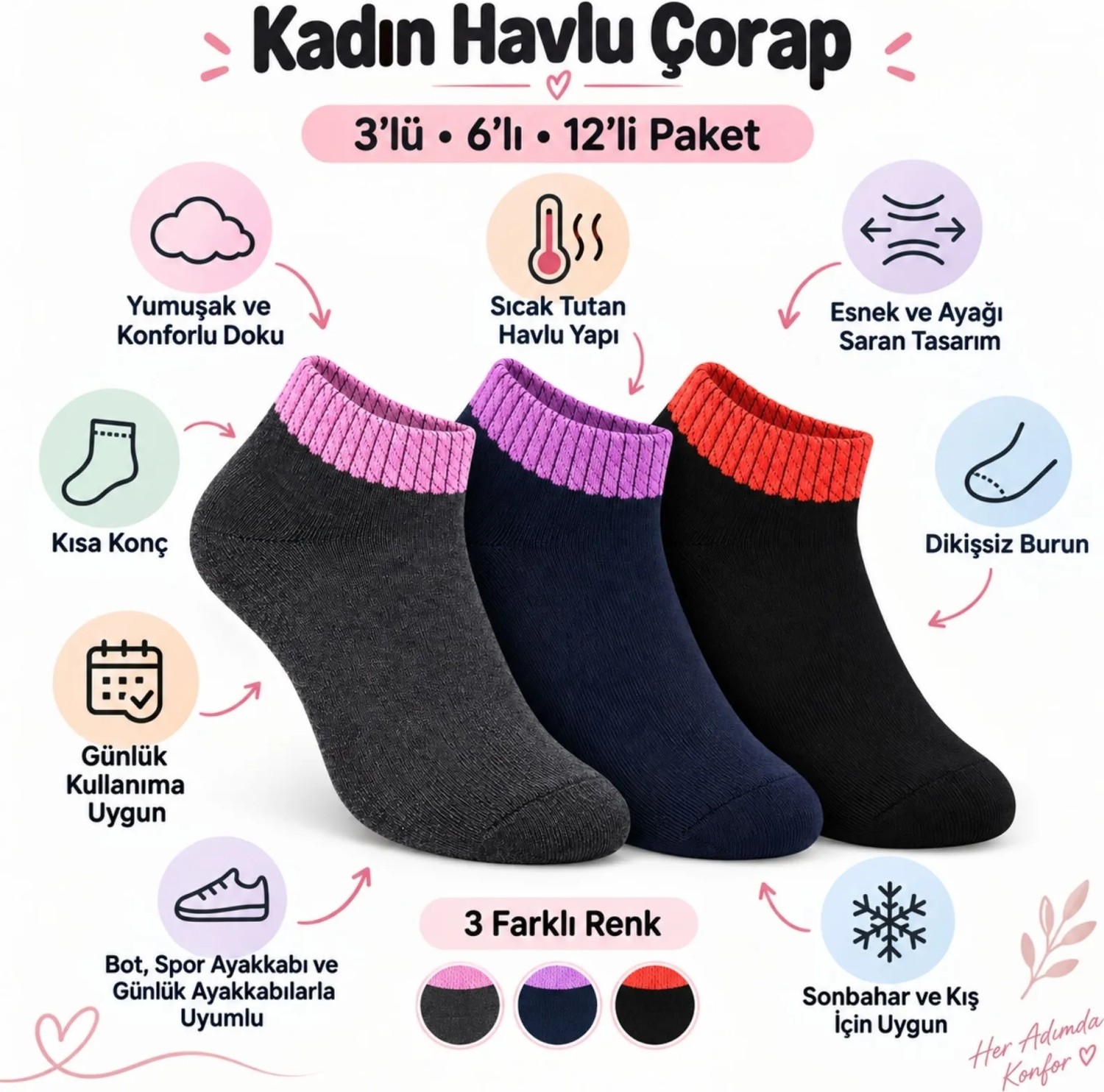 TeOra Store Kadın Havlu 3'lü Çorap Kısa Konç Dikişsiz Burun Sıcak Tutan Yumuşak Kışlık Çorap Seti görsel 7