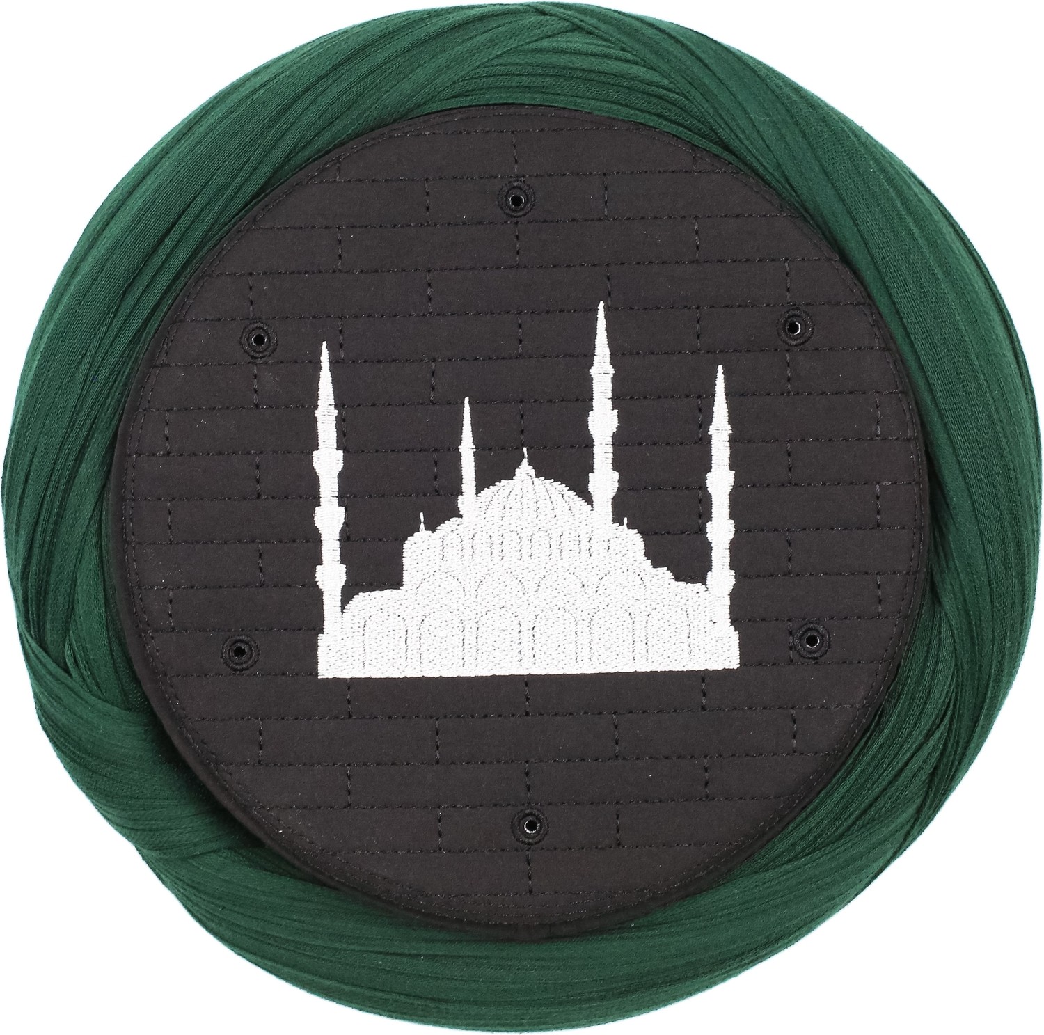 Sarıkhane Cami Sarığı - Yeşil Kumaş - Siyah Takke - Çapraz Sarım - Cami Nakışlı - 7 Metre görsel 4