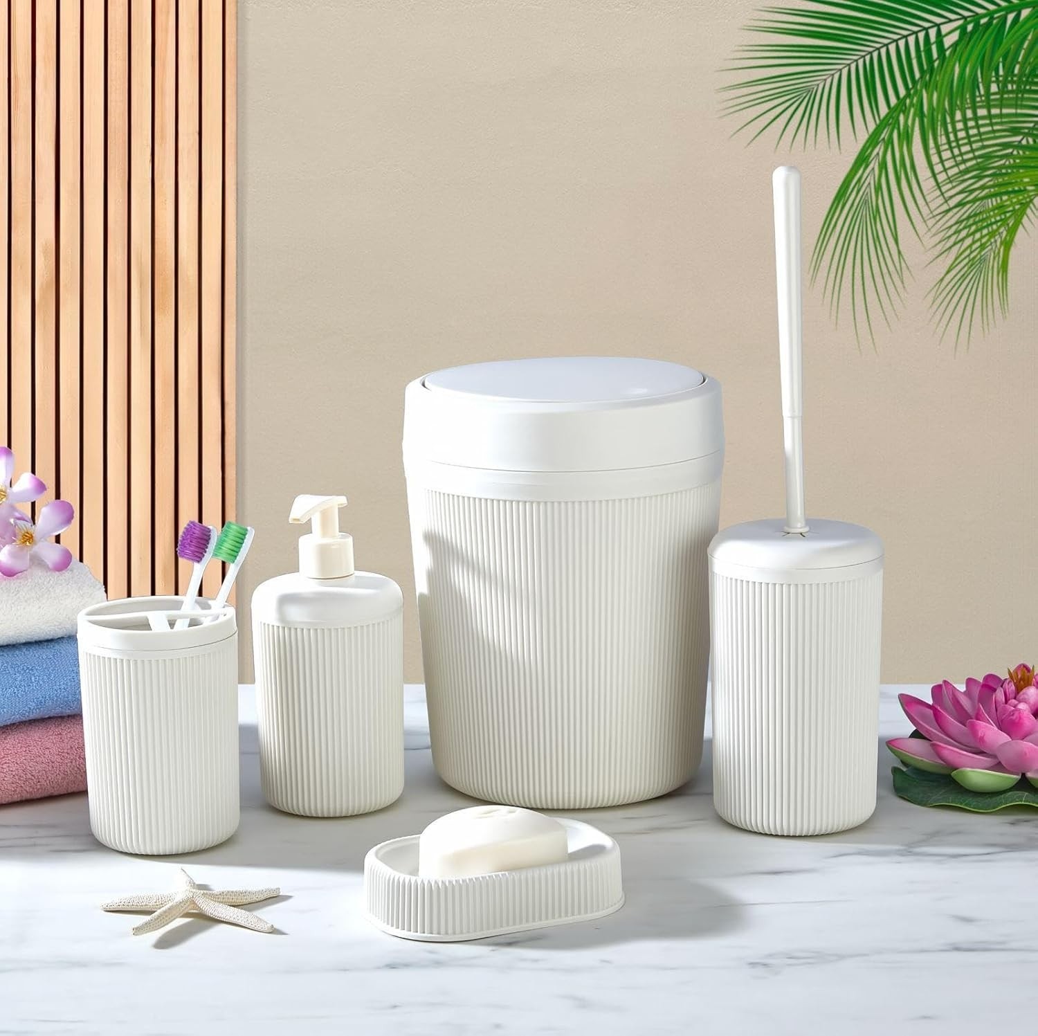 Prime 5 Parça Lüx Plastik Banyo Seti - Çöp Kovalı, Diş Fırçalıklı, Sıvı ve Katı Sabunluk Antibakteriyel Fırça - Krem-