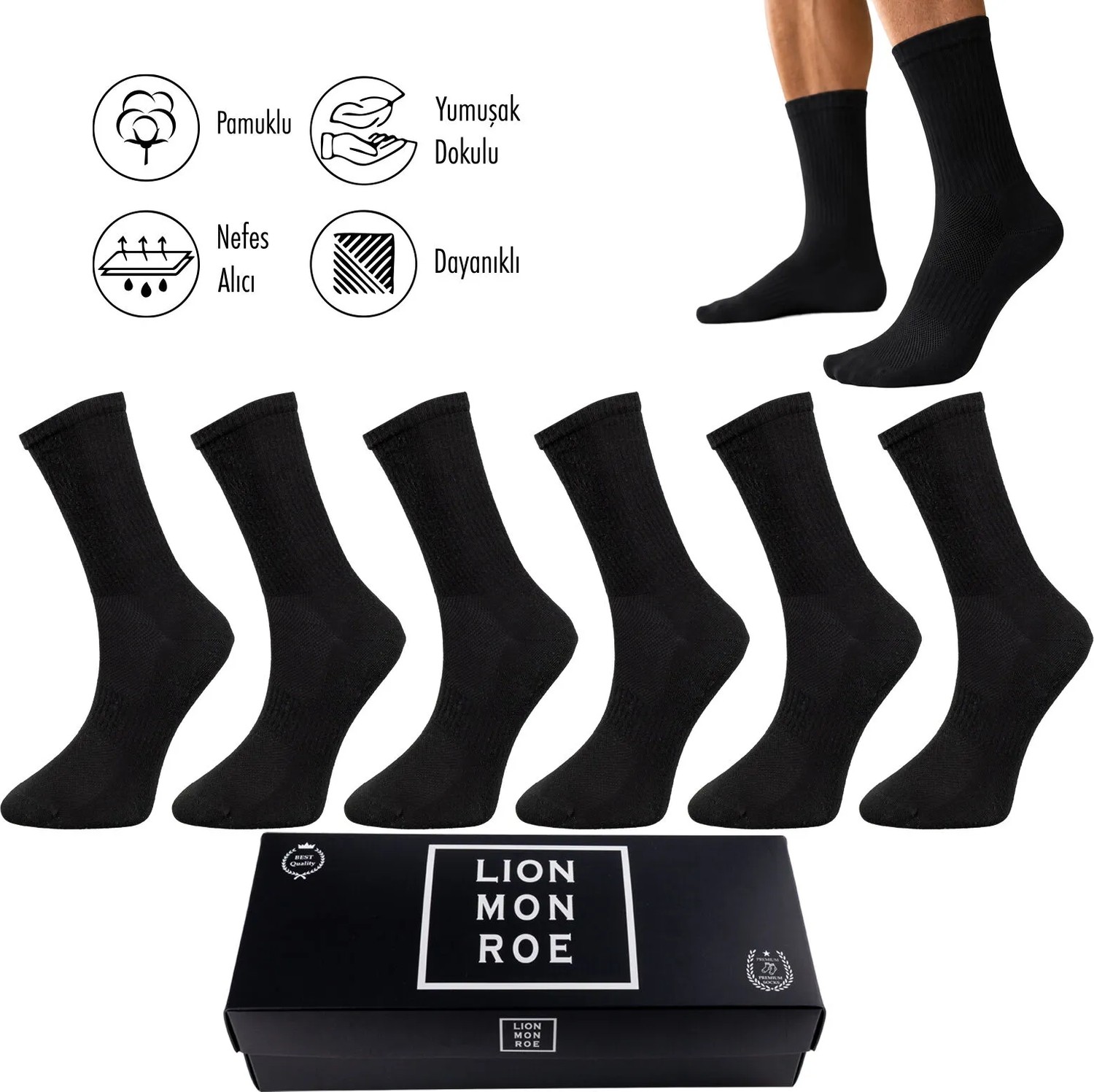 Lion Monroe Saf Pamuklu Erkek TENİS Uzun Düz Beyaz Soket Çorap Dikişsiz Basic Penye Premium Hediye Kutulu 6'lı Prime Cotton Serisi L5952BZNS görsel 6