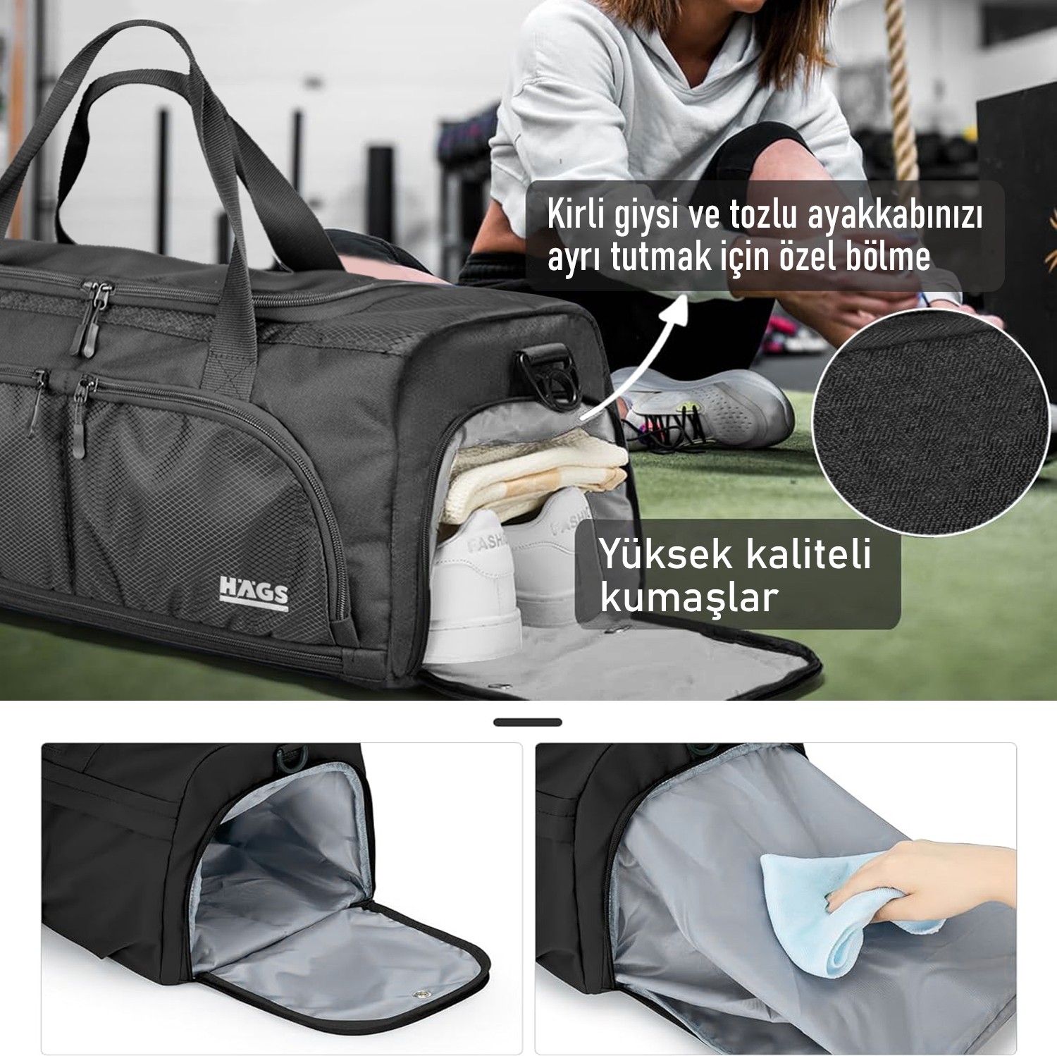 Haegs Spor Çantası, 10 Cepli, Ayakkabı Bölmeli, Dayanıklı Bay Bayan Seyahat Çantası Siyah görsel 4