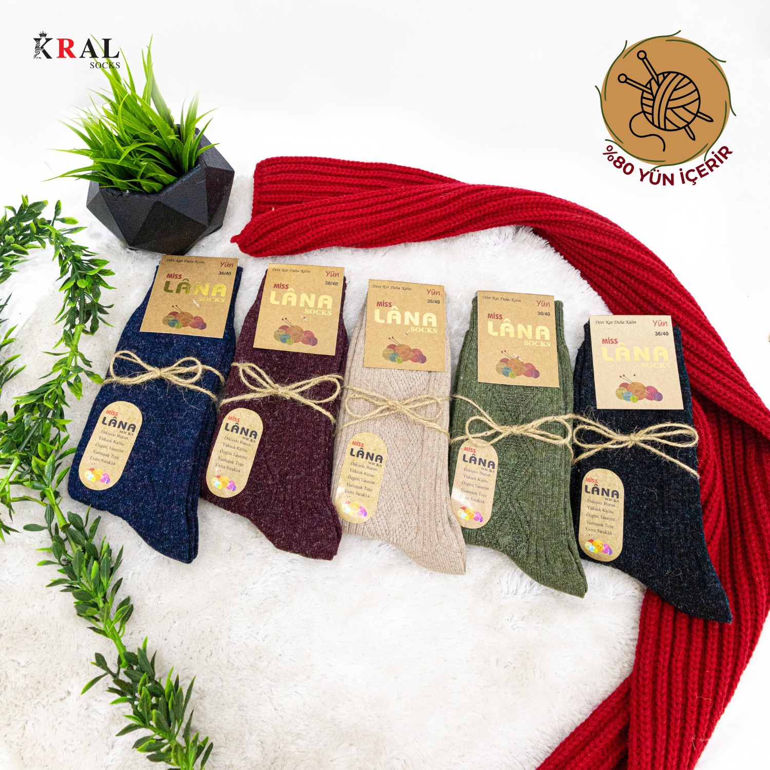 Kral Socks Çorap (5 Çift) Kışlık Yün Çorap Lambswool (Özel Kuzu Yünlü) Kadınlar Için Termal Özellikli görsel 2