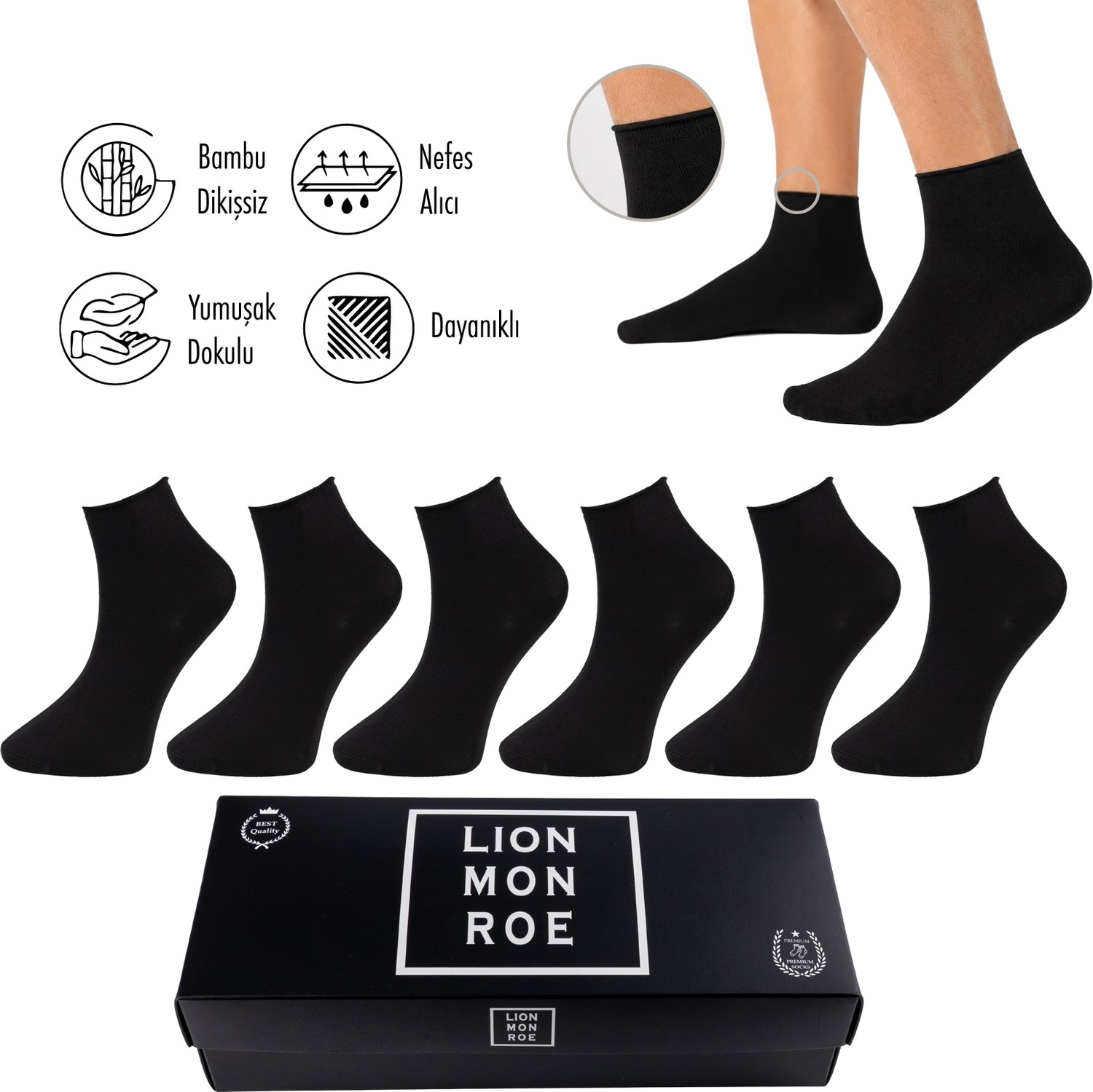 Lion Monroe Saf Bambu Erkek Lastiksiz Soket Dikişsiz Premium Çorap 6'lı Paket / Iz Bırakmaz / Sıkmayan / Diyabetik Çorap görsel 5