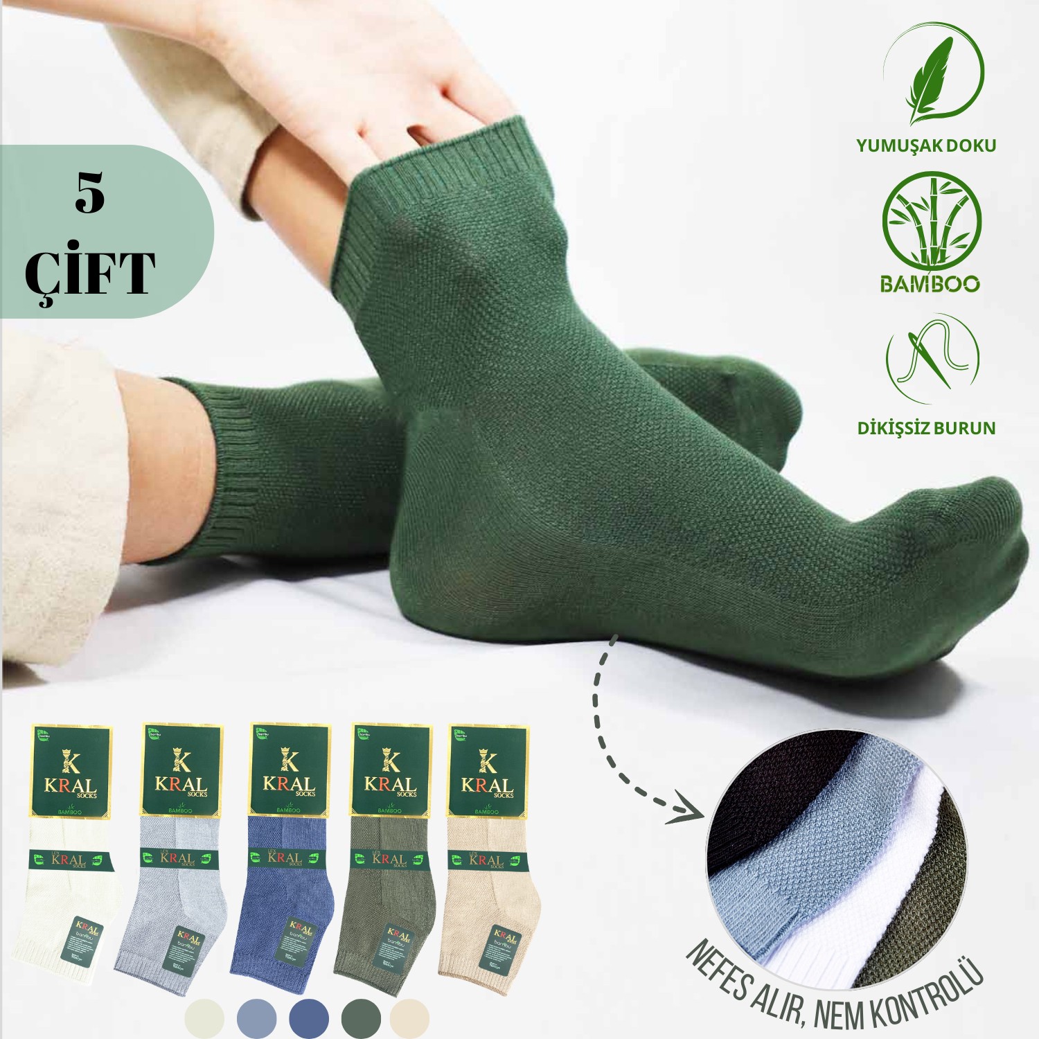 Kral Socks - Erkek Patik Lacose Kabartma Desenli (5 Adet) Bambu Dikişsiz Parfümlü Kısa Çorap görsel 5