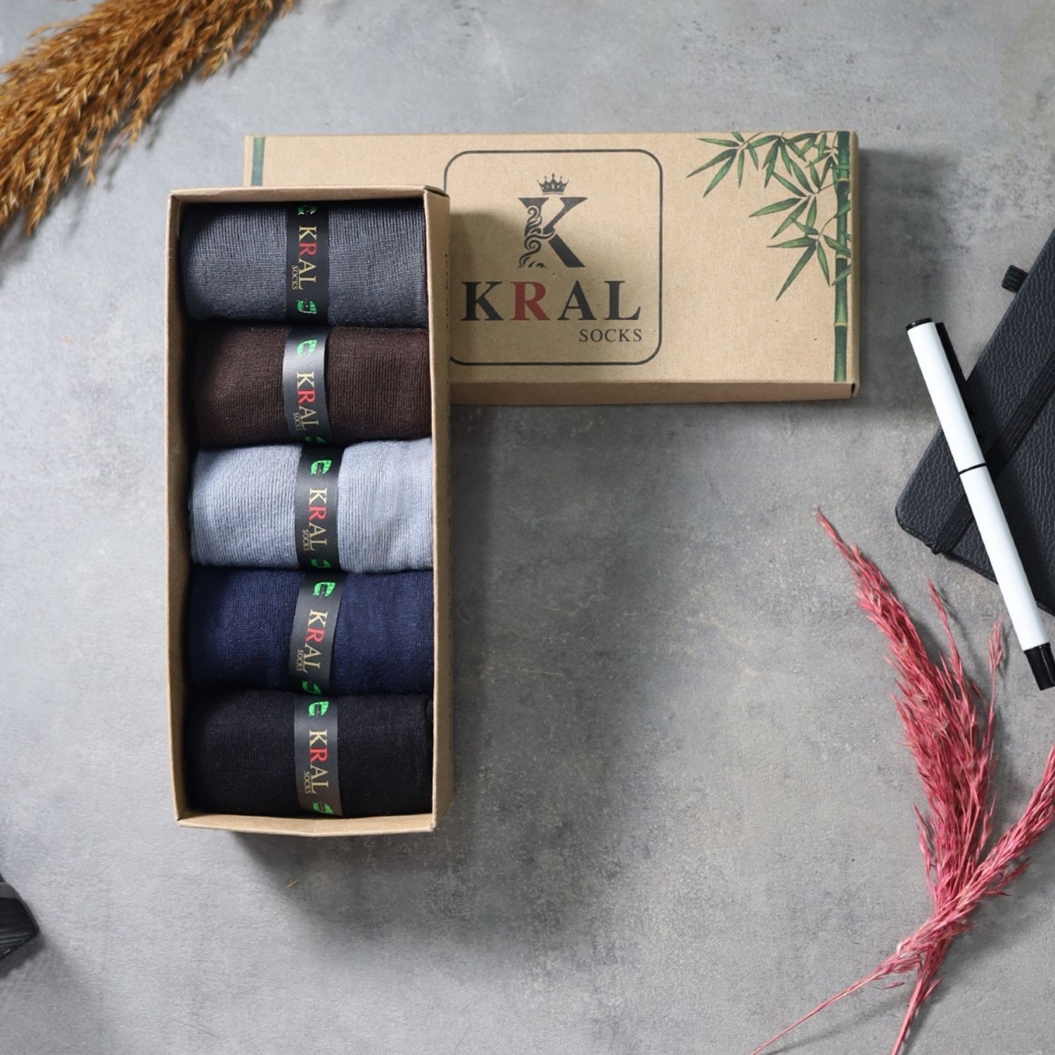 Kral Socks 5 Çift Bambu Dikişsiz Erkek Hediye Kutulu Çorap görsel 6