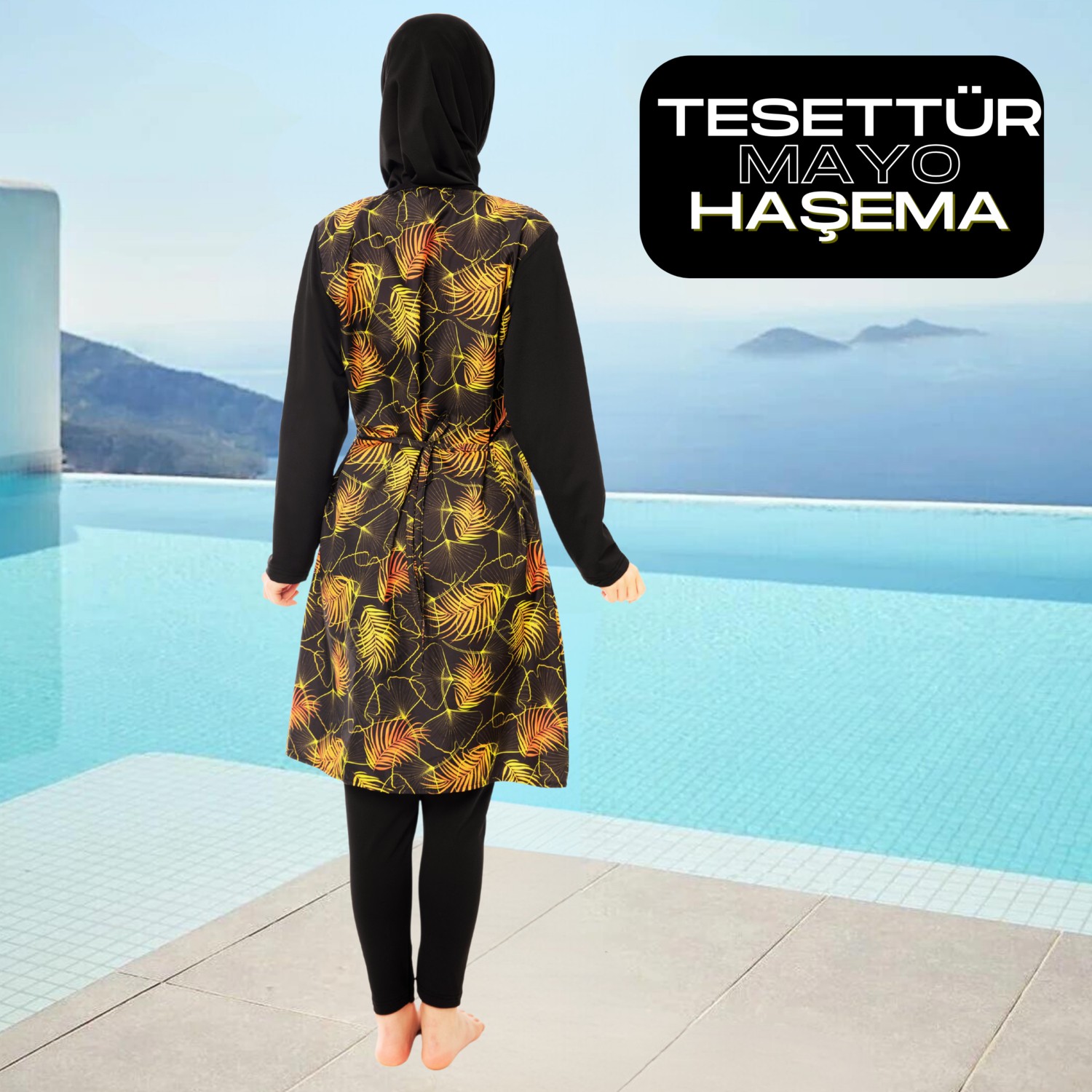 KORSEFABRİKA Tam Kapalı Taytlı Desenli Büyük Beden Tesettür Mayo Takım görsel 5