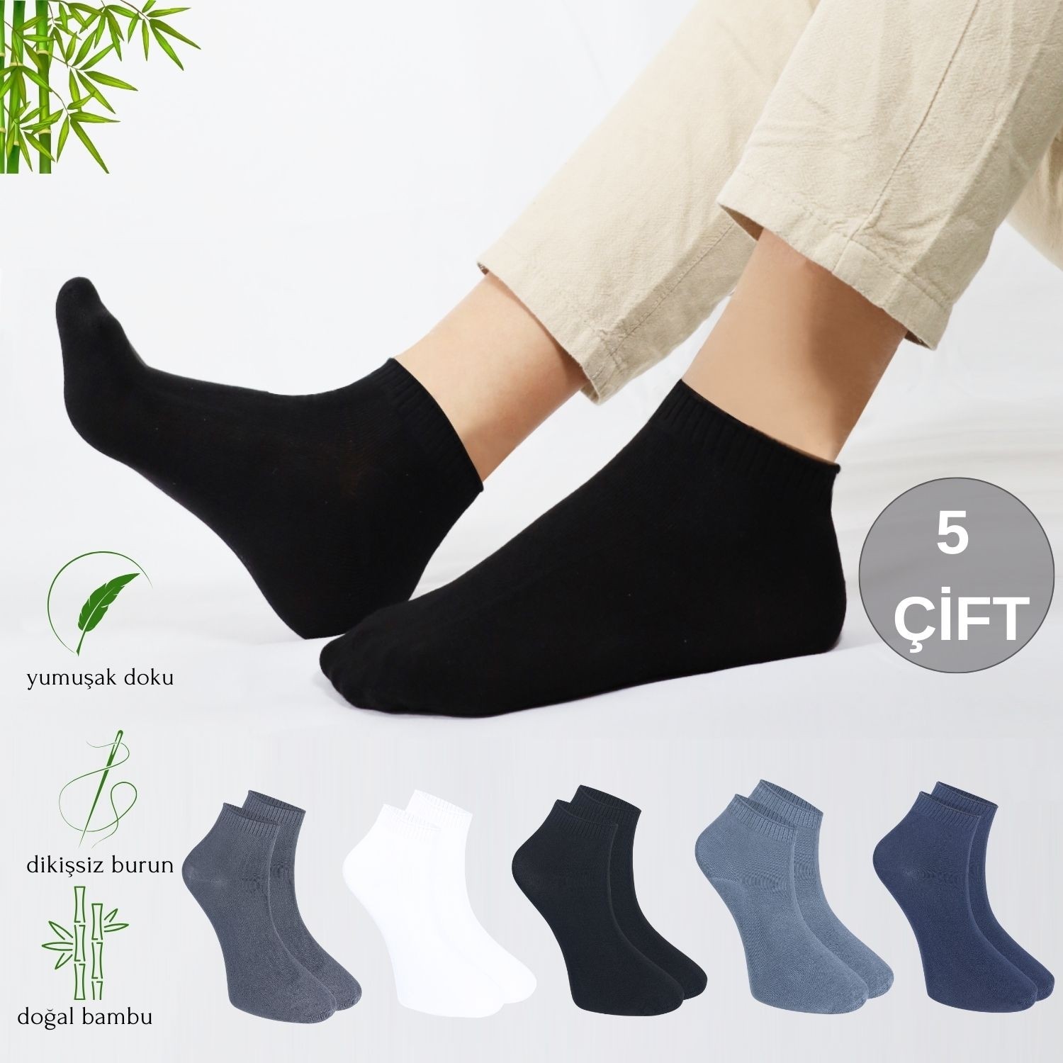 Kral Socks Erkek Patik Düz Desen (5 Çift) Bambu Dikişsiz Hassas Dokuma Parfümlü Kısa Çorap görsel 6