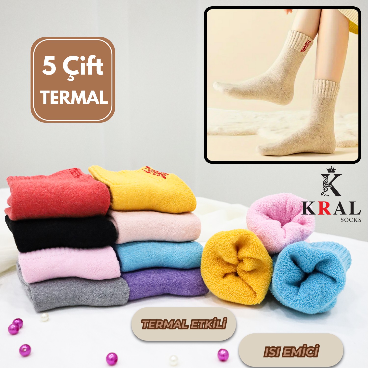 Kral Socks 5 Çift Termal Kadın Havlu Kışlık Çorap (Isı Emici) görsel 6