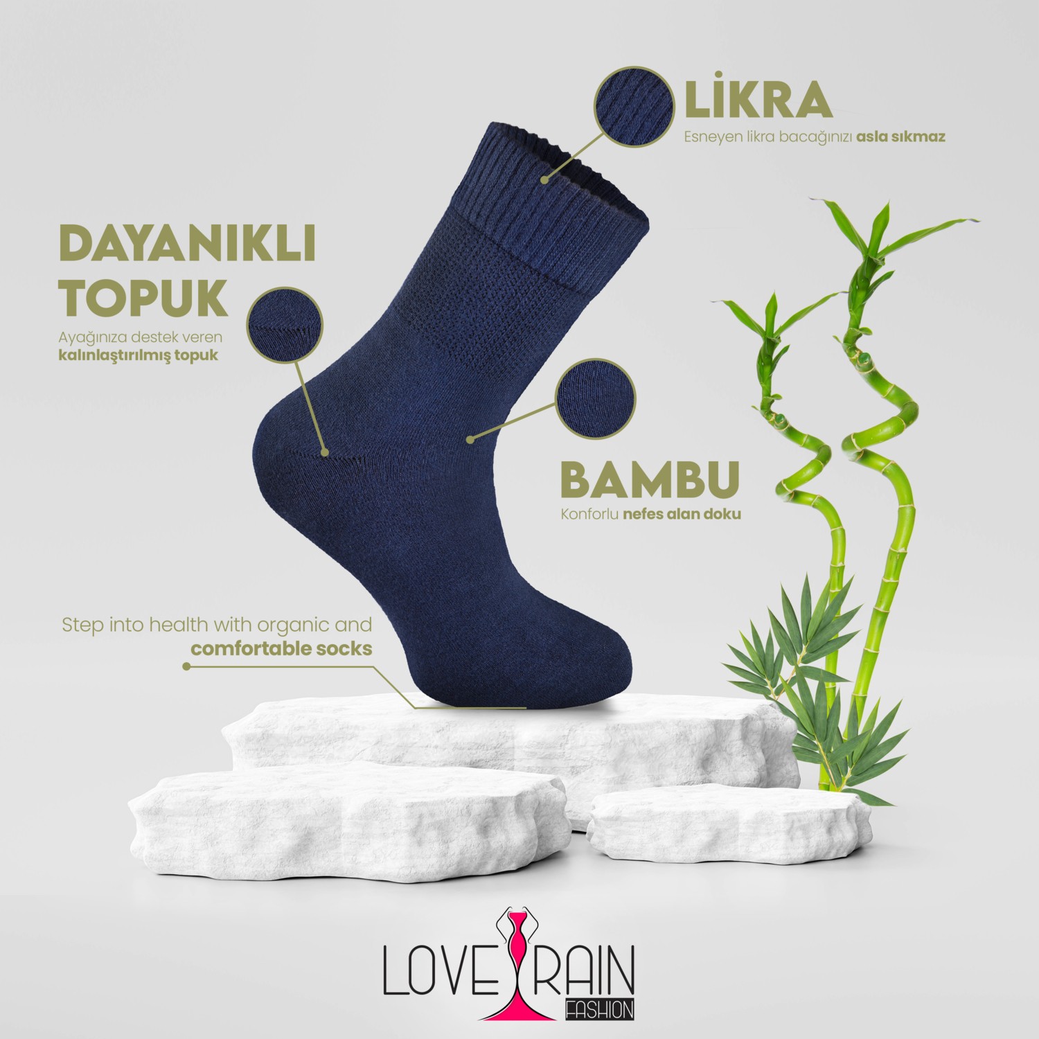 Love Rain Fashion Comfort Serisi 4 'lü Unisex Bambu Organik Günlük Şeker Çorabı görsel 5