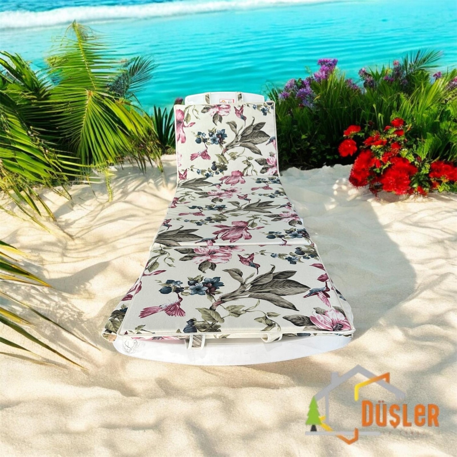 Düşler Ev Tekstili Pembe Çiçekli Krem Plaj Çantası (Şezlong Minderi) görsel 3