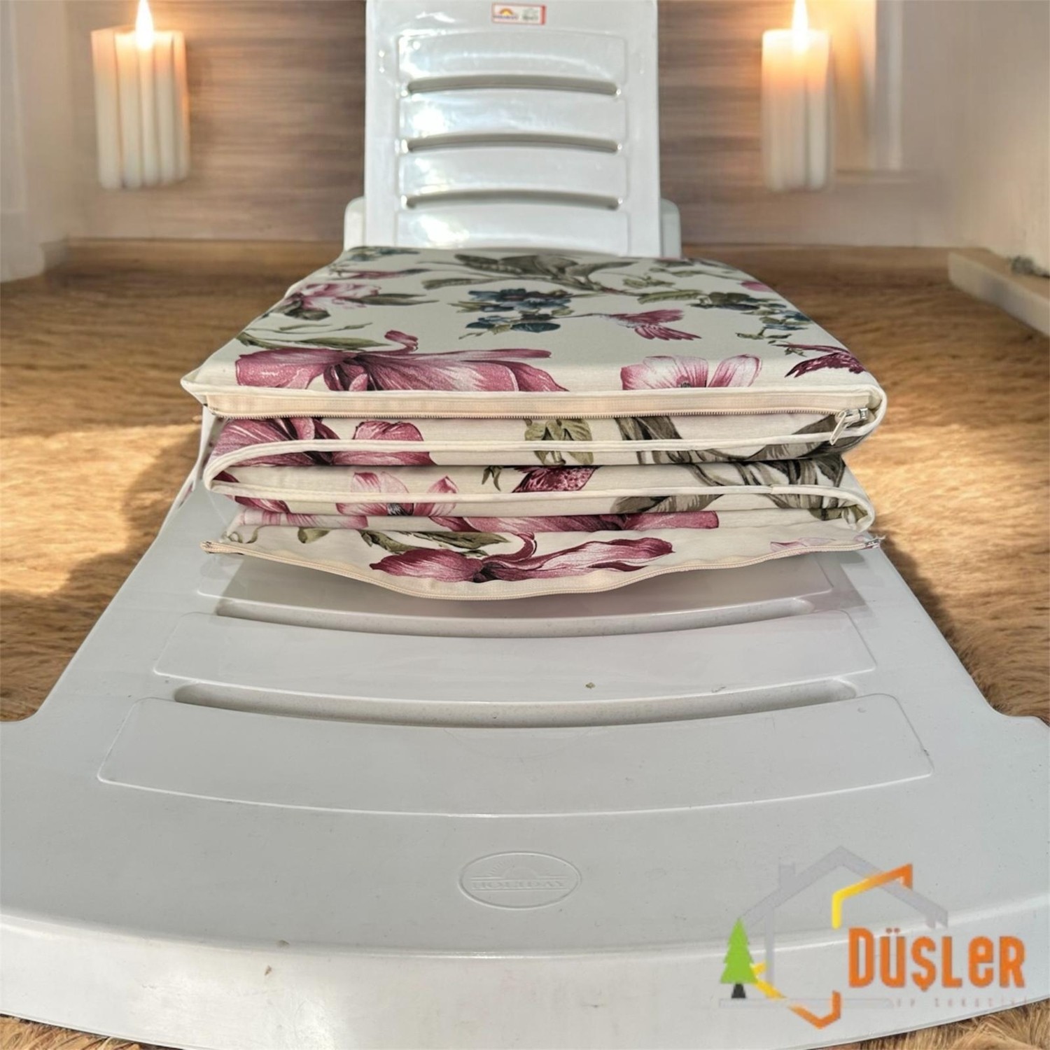 Düşler Ev Tekstili Pembe Çiçekli Krem Plaj Çantası (Şezlong Minderi) görsel 5