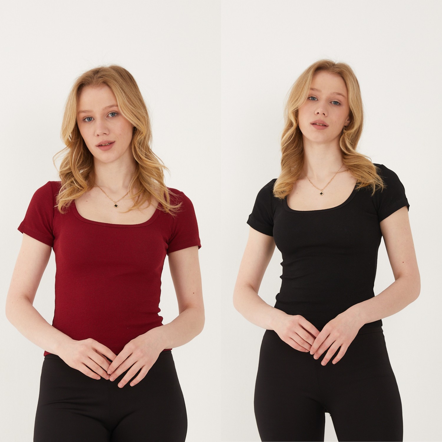 Wearflawless Kadın 2'li Adet Kısa Kollu Fitilli U Yaka Pamuklu Örme Kaşkorse T-Shirt Bluz