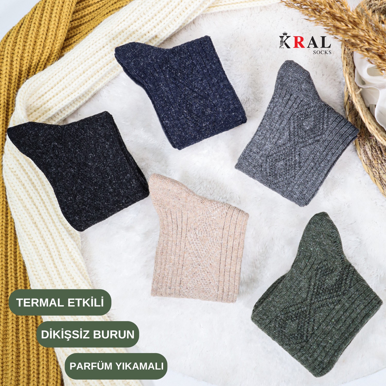Kral Socks 5 Çift Erkek Termal Lambswool Yün Çorap görsel 4