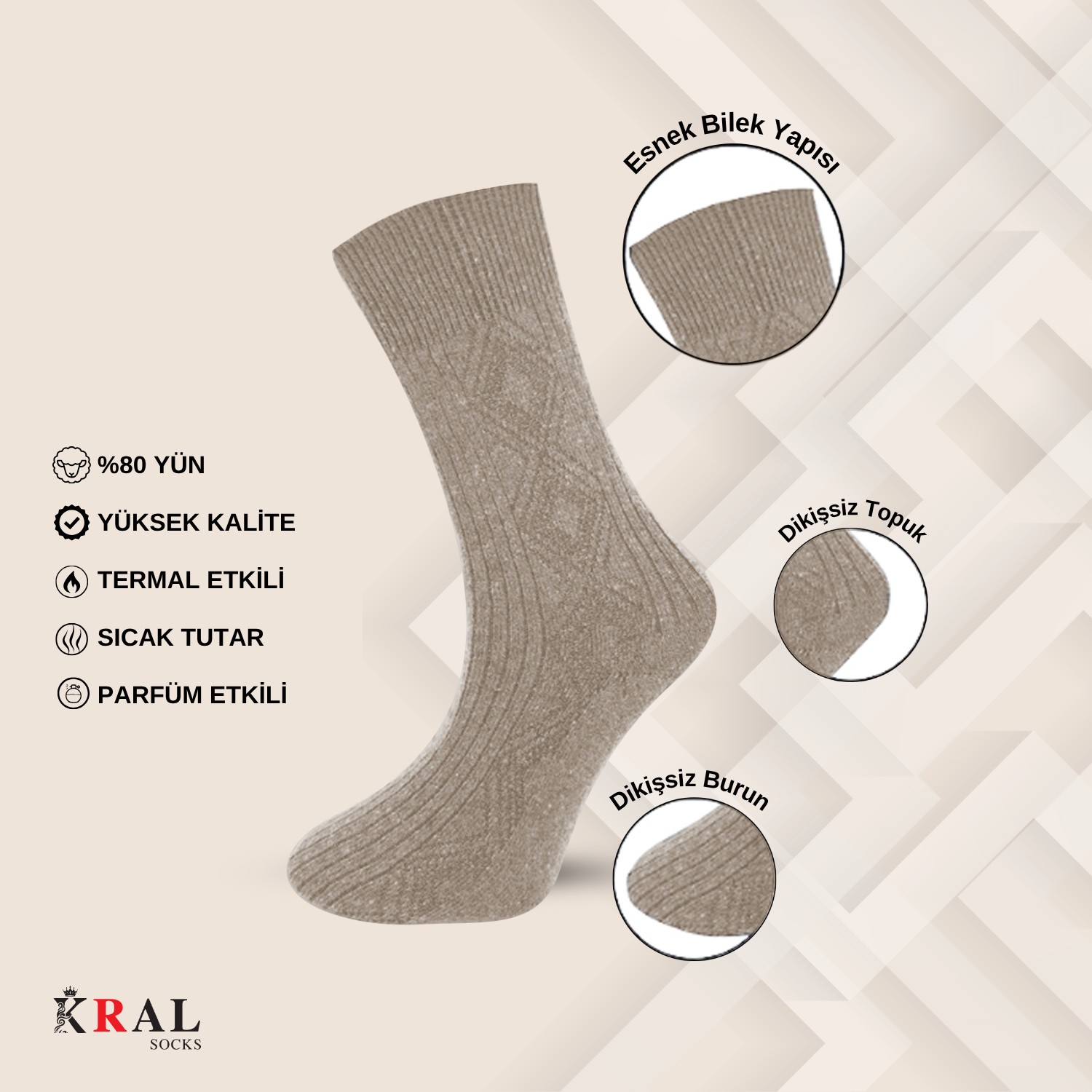 Kral Socks 5 Çift Erkek Termal Lambswool Yün Çorap görsel 6