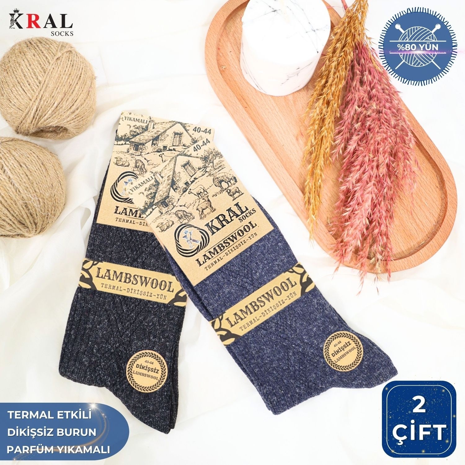 Kral Socks 2 Çift Erkek Termal Lambswool Yün Çorap