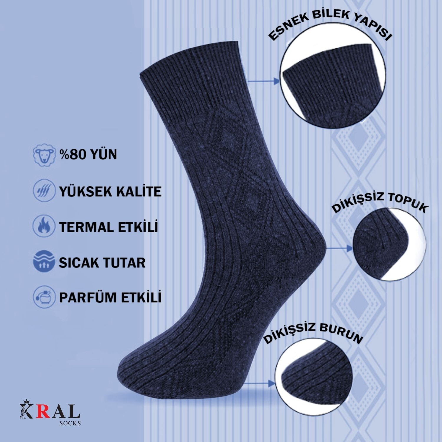 Kral Socks 2 Çift Erkek Termal Lambswool Yün Çorap görsel 6