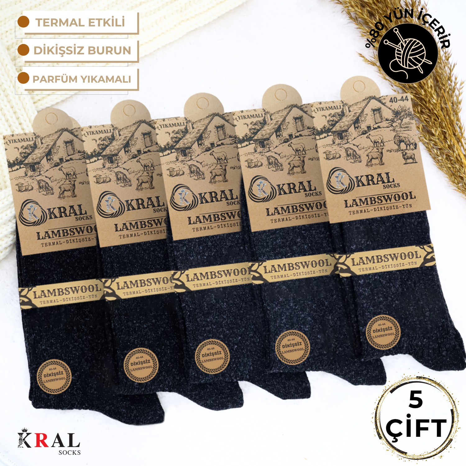 Kral Socks Erkek Kışlık Termal Etkili (5'li Paket) Lambswool Kuzu Yün Çorap görsel 6
