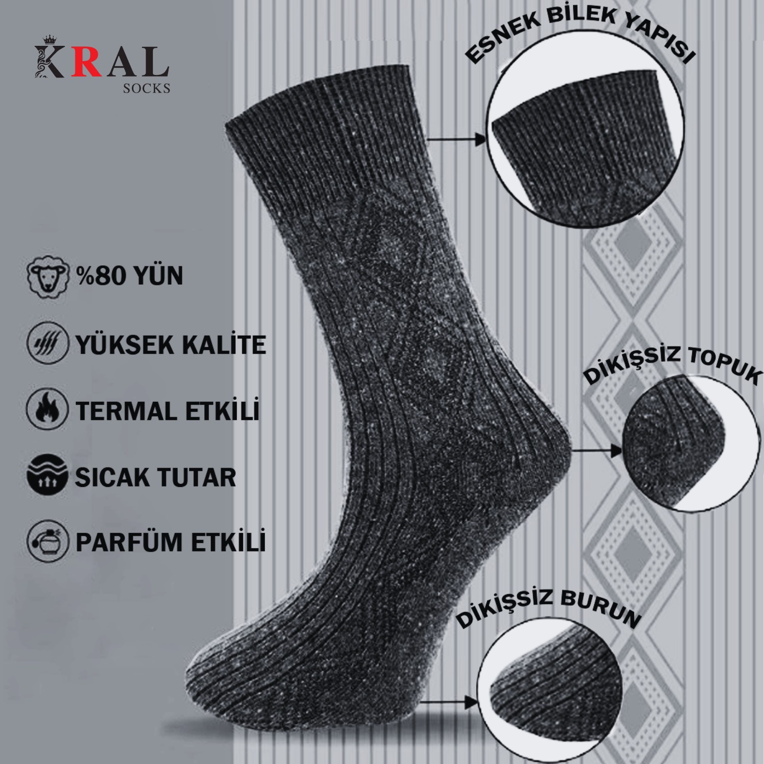 Kral Socks Erkek Kışlık Termal Etkili (5'li Paket) Lambswool Kuzu Yün Çorap görsel 8