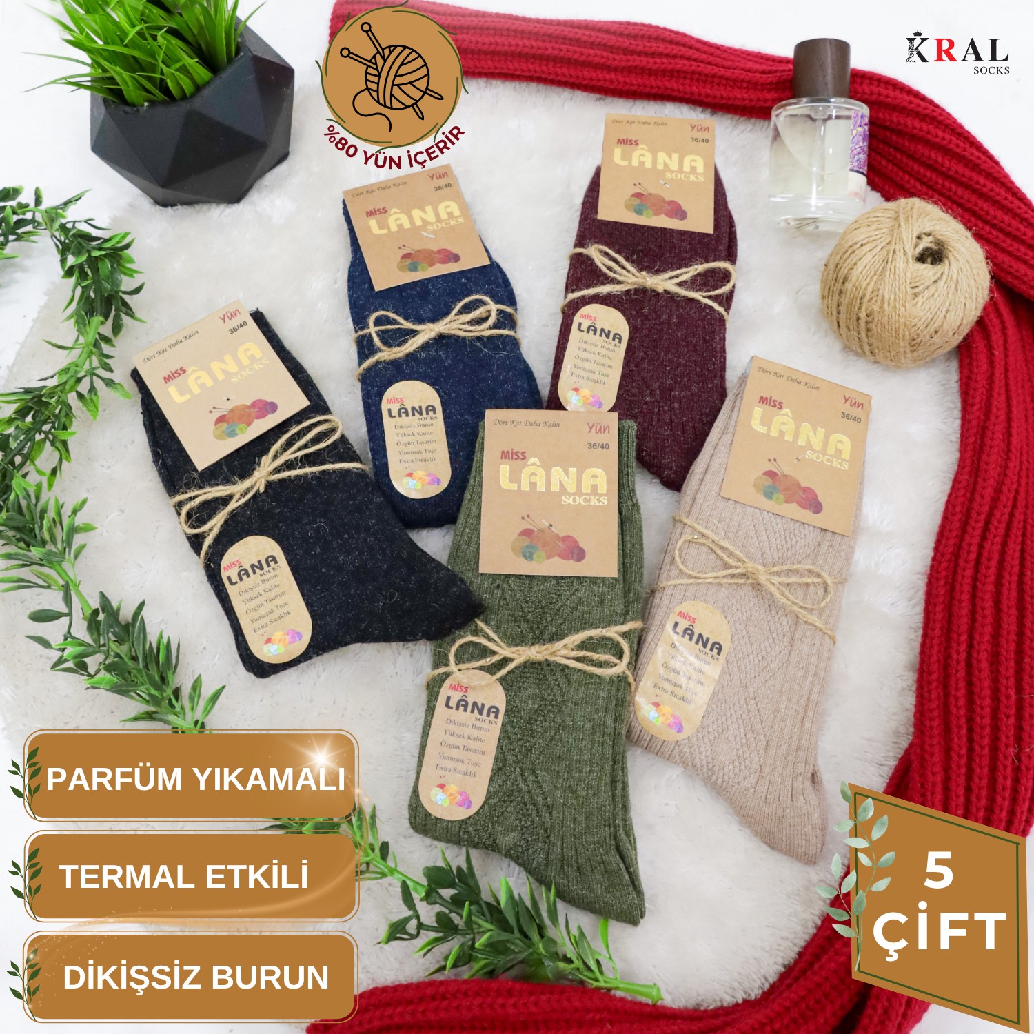 Kral Socks Çorap (5 Çift) Kışlık Yün Çorap Lambswool (Özel Kuzu Yünlü) Kadınlar Için Termal Özellikli