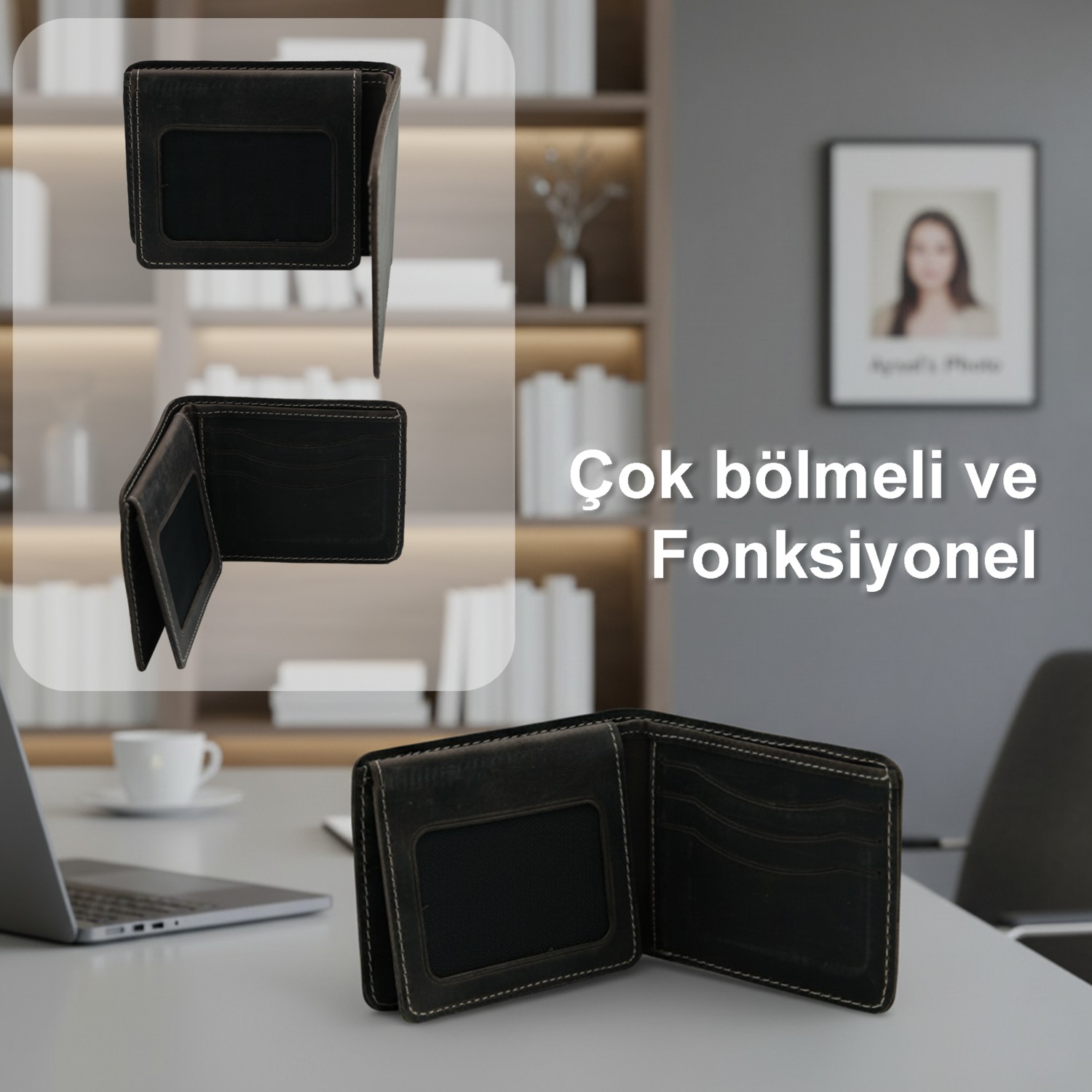 LUQA Leather %100 Hakiki Deri El Yapımı Erkek Cüzdanı | Minimalist Tasarım | 12 Bölmeli | Kartlık | Siyah görsel 2