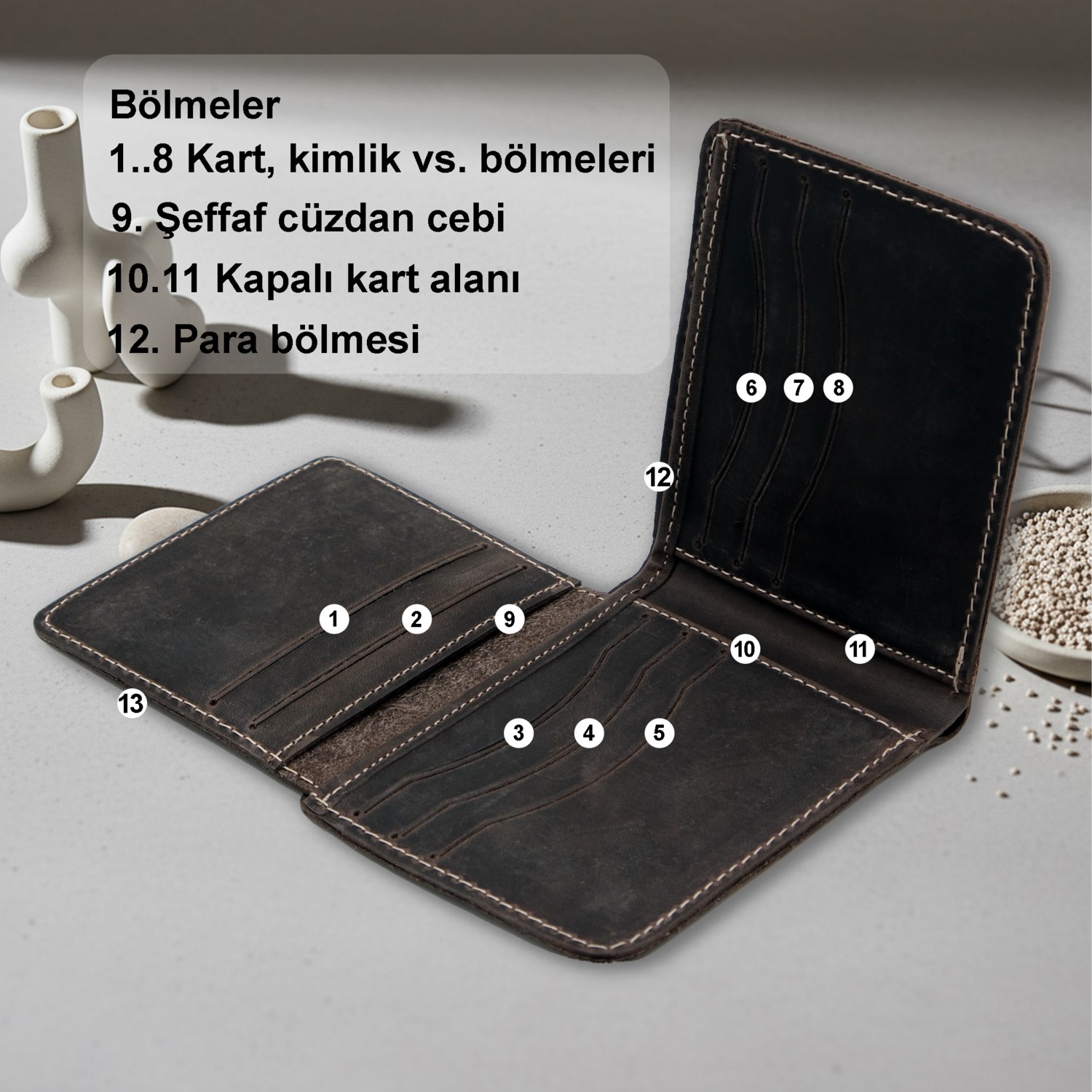 LUQA Leather %100 Hakiki Deri El Yapımı Erkek Cüzdanı | Minimalist Tasarım | 12 Bölmeli | Kartlık | Siyah görsel 4