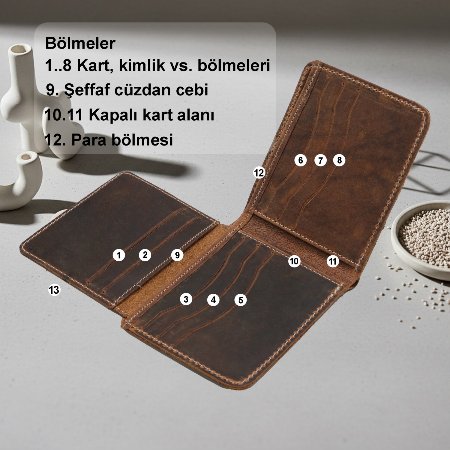 LUQA Leather %100 Hakiki Deri El Yapımı Erkek Cüzdanı | Minimalist Tasarım | Kartlık | Kahverengi görsel 5