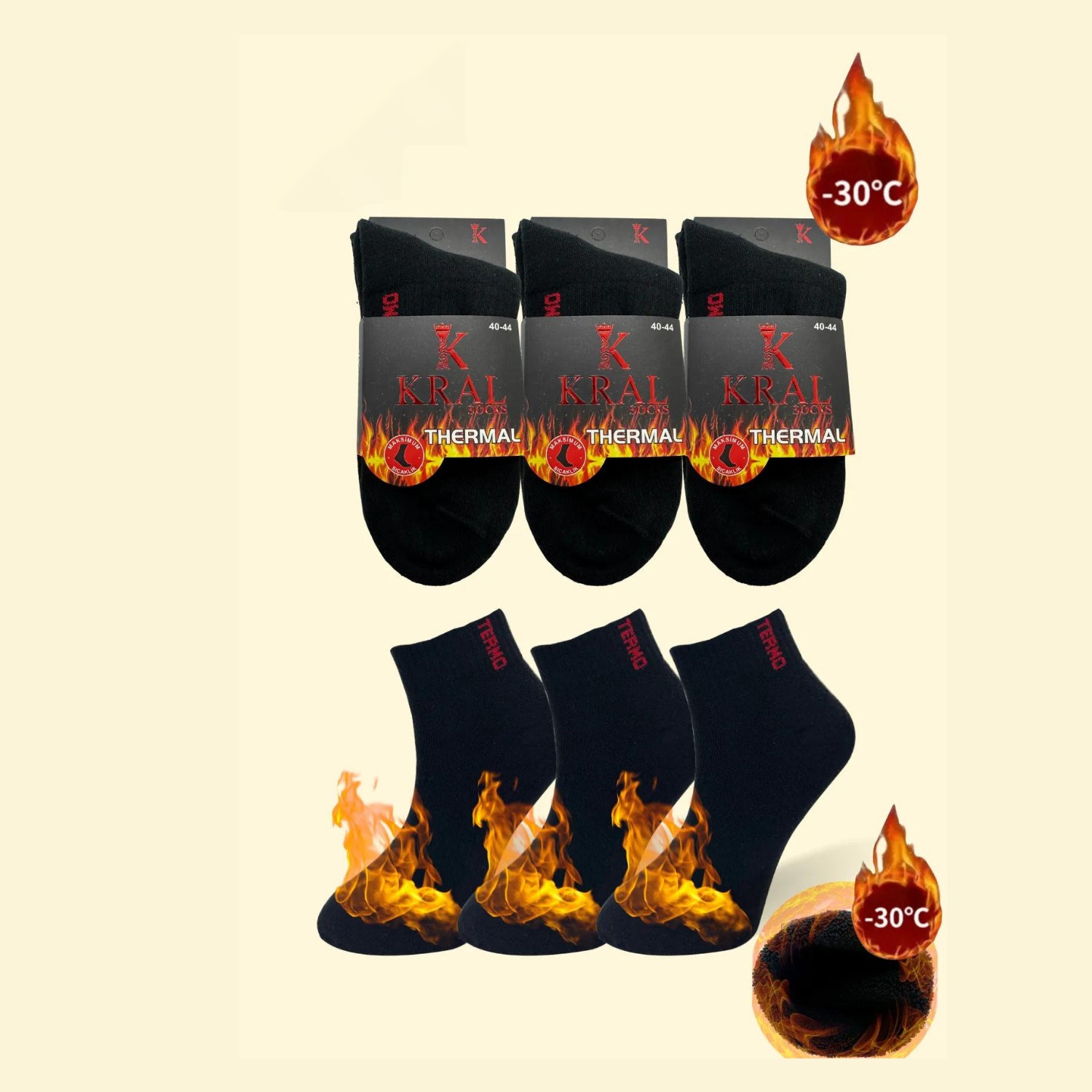 Kral Socks Termal Erkek Düz Havlu Patik Çorap 3 Çift Siyah Renk %85 Pamuk ve Elastan