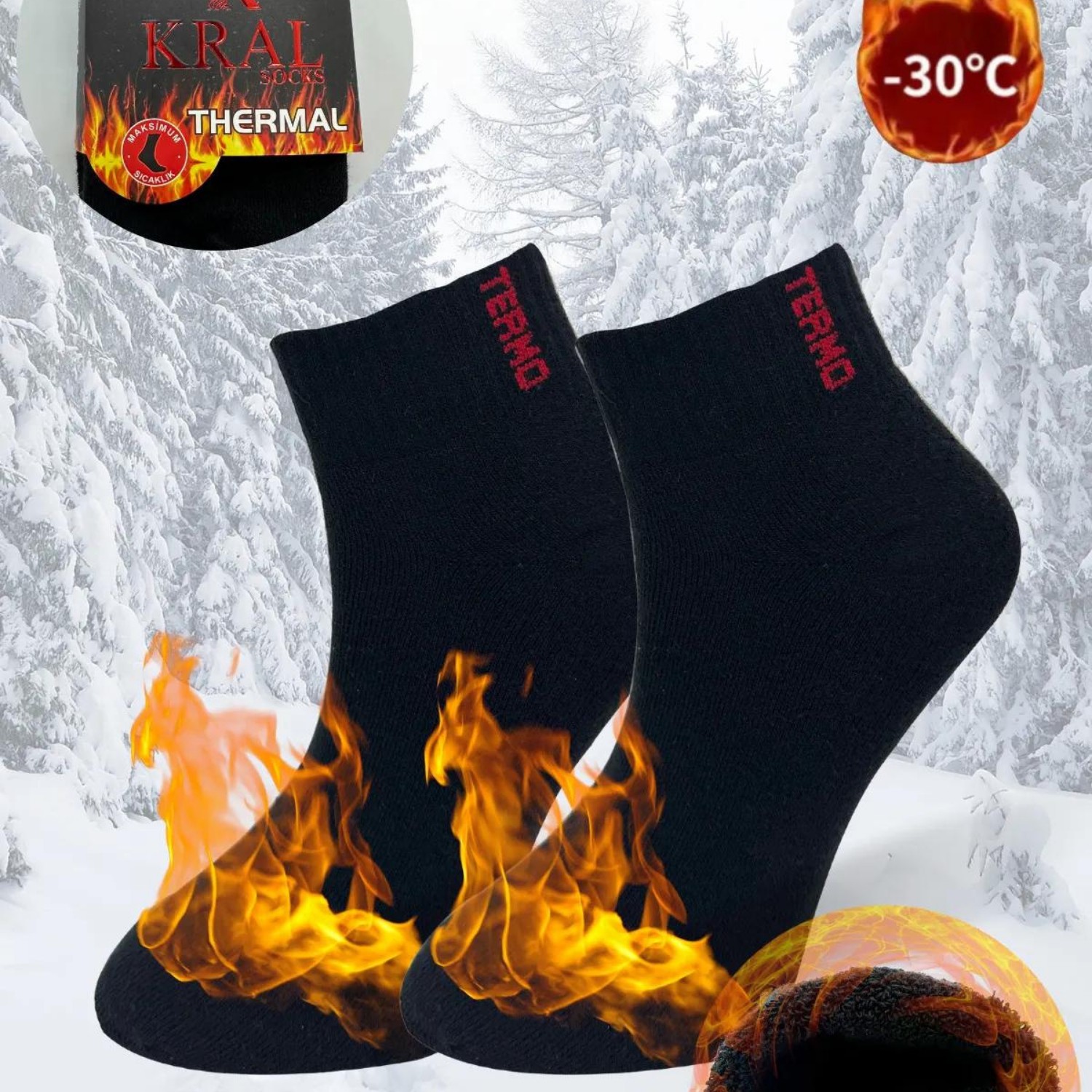 Kral Socks Termal Erkek Düz Havlu Patik Çorap 3 Çift Siyah Renk %85 Pamuk ve Elastan görsel 2