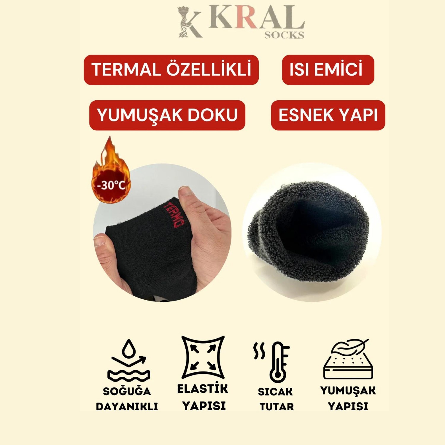 Kral Socks Termal Erkek Düz Havlu Patik Çorap 3 Çift Siyah Renk %85 Pamuk ve Elastan görsel 3
