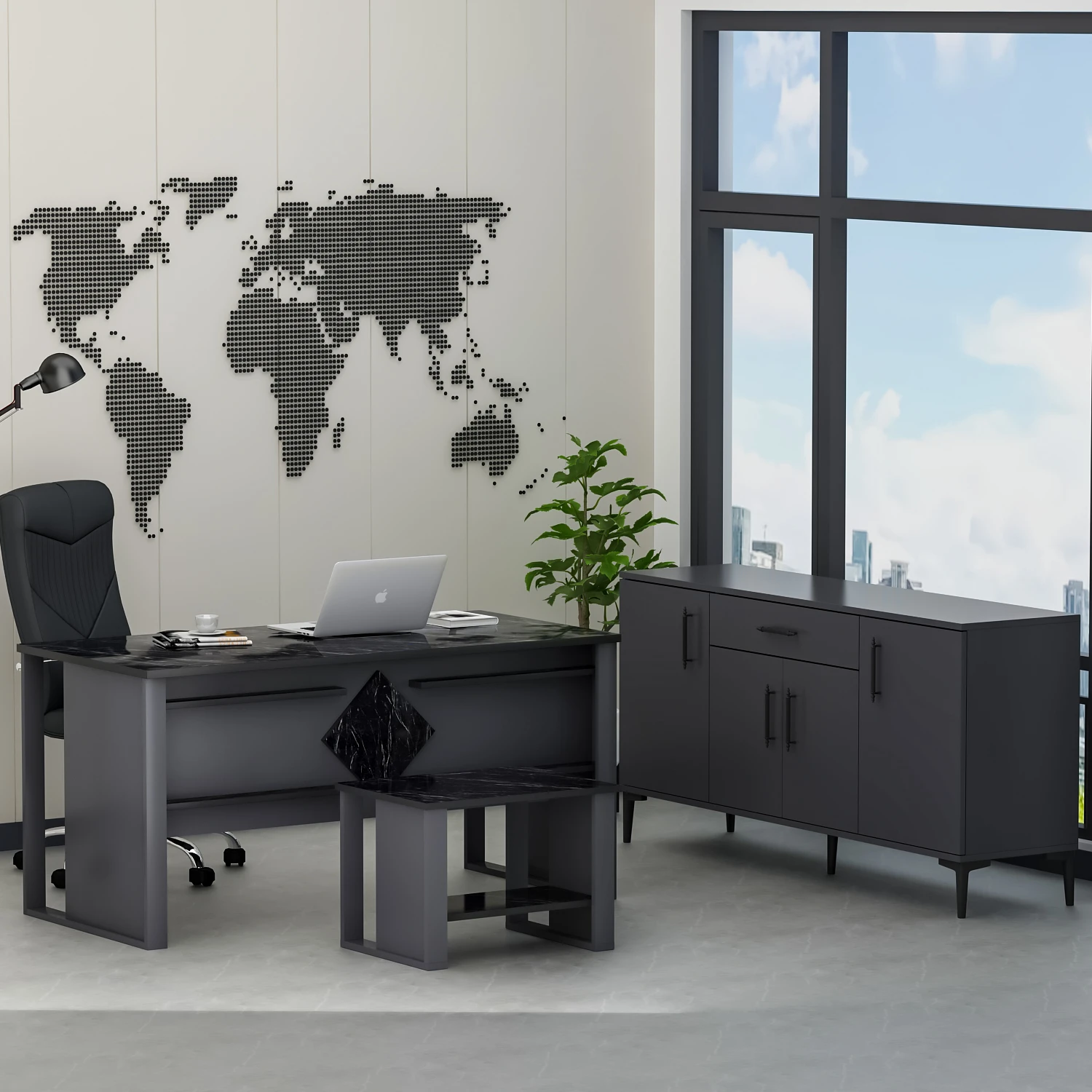 Resim Betroya Boss Ofis Takımı 3'lü Set - Masa Sehpa Konsol Antrasit - Mermer (Sandalye Dahil Değildir) 