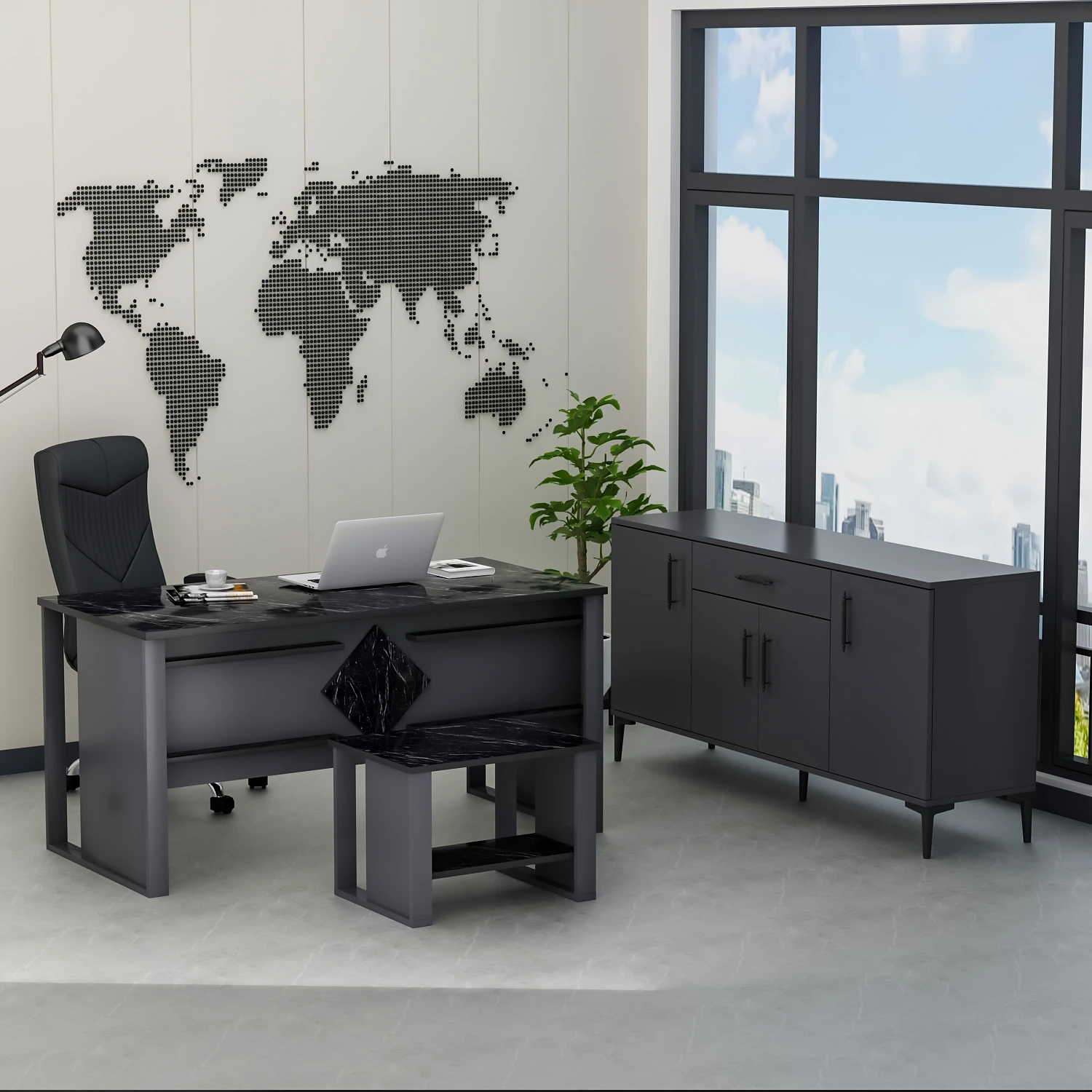 Resim Betroya Boss Ofis Takımı 3'lü Set - Masa Sehpa Konsol Antrasit - Mermer (Sandalye Dahil Değildir) 