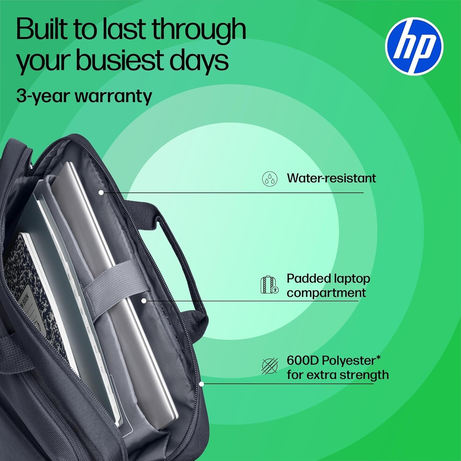 HP 14" Everyday Laptop Çantası, 600D Geri Dönüşümlü Polyester, 9l, Dolgulu Bölme, Su Geçirmez, Çıkar görsel 3