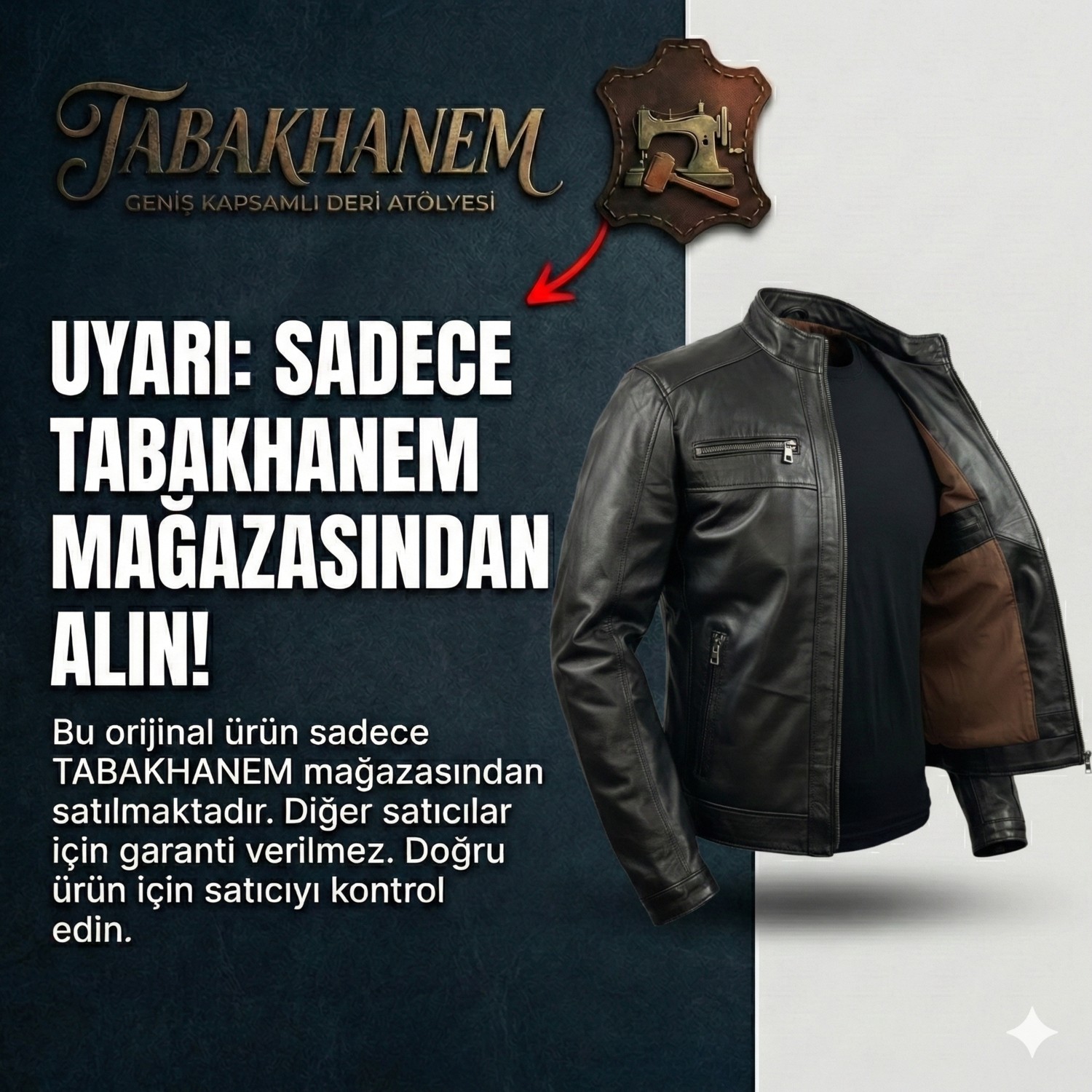 Tabakhanem Erkek Hakiki Deri Ceket Dik Yaka Fermuarlı Klasik Siyah görsel 5