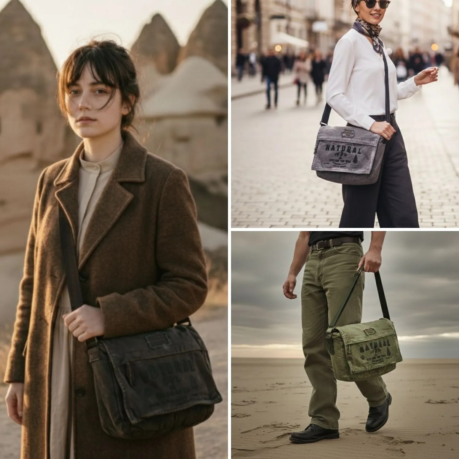 Cappadocia Vintage Haki Yeşil 4028 Salaş Omuz Çantası Pamuk Kanvas Postacı 15.6 Laptop Okul Seyahat Günlük Vintage Retro