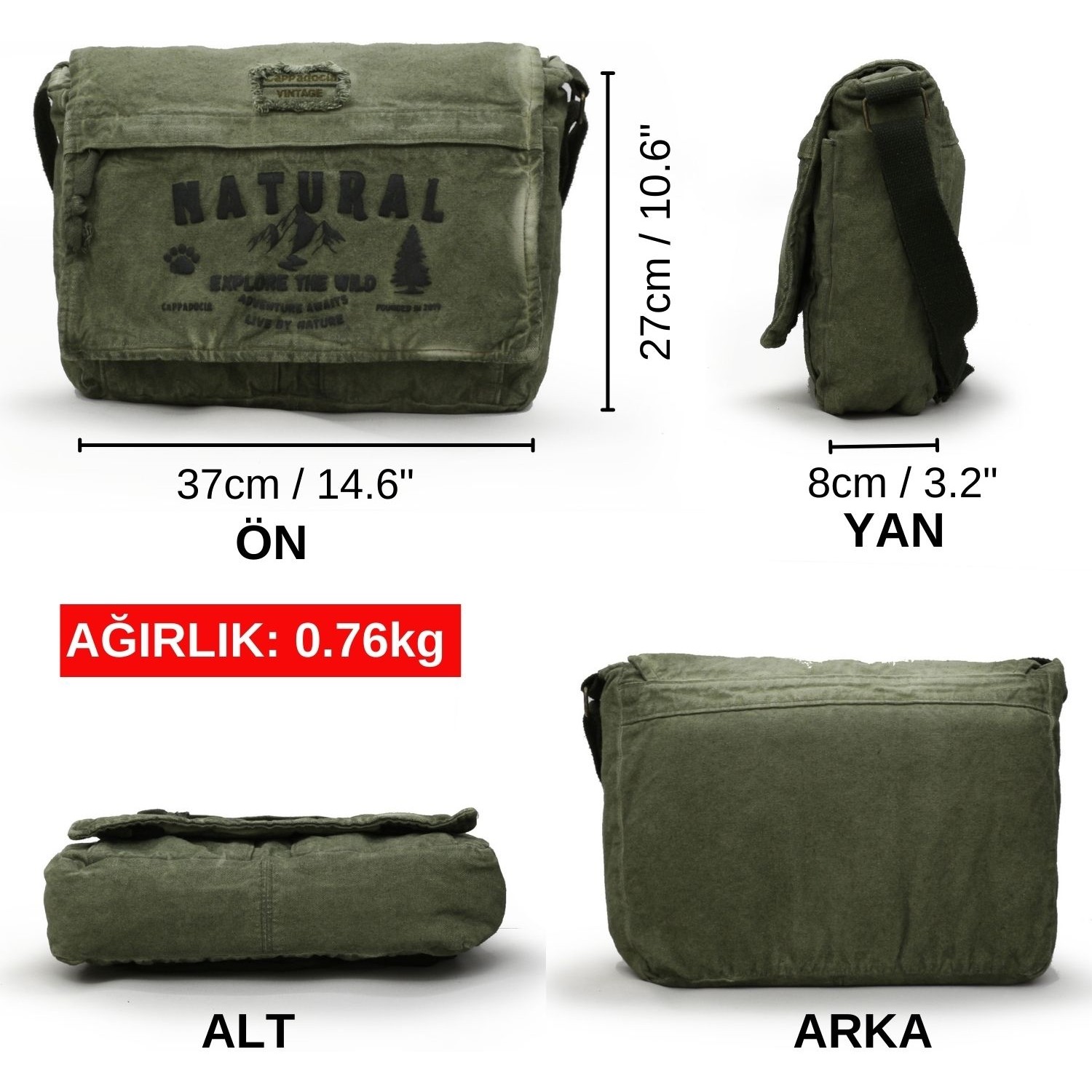 Cappadocia Vintage Haki Yeşil 4028 Salaş Omuz Çantası Pamuk Kanvas Postacı 15.6 Laptop Okul Seyahat Günlük Vintage Retro görsel 2