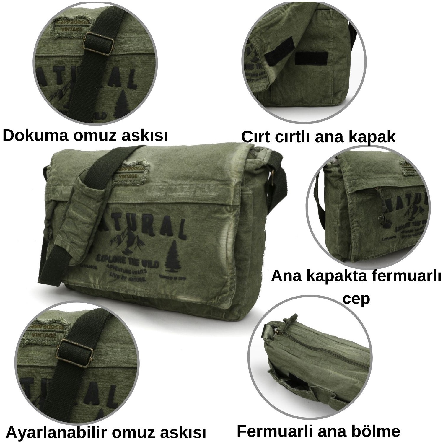 Cappadocia Vintage Haki Yeşil 4028 Salaş Omuz Çantası Pamuk Kanvas Postacı 15.6 Laptop Okul Seyahat Günlük Vintage Retro görsel 4