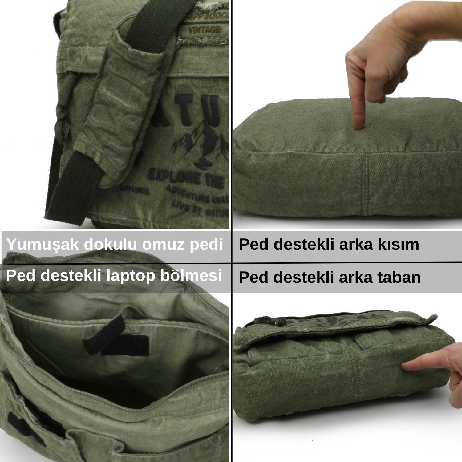 Cappadocia Vintage Haki Yeşil 4028 Salaş Omuz Çantası Pamuk Kanvas Postacı 15.6 Laptop Okul Seyahat Günlük Vintage Retro görsel 7